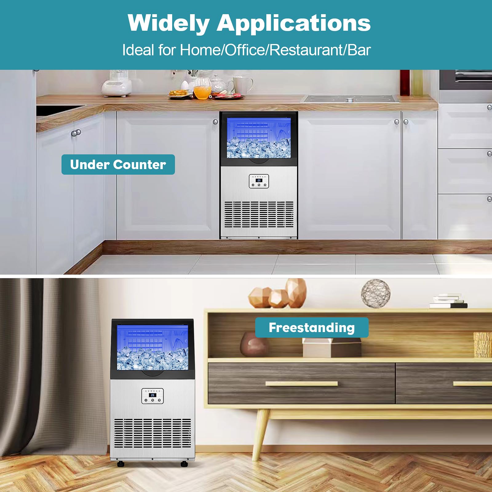 Commercial Ice Maker Machine 100lbs/24H with Auto Self-Cleaning & LED Digital Display - Under Counter or Freestanding Ice Machine for Home, Office, Restaurant, Bar - Perfect for Beverage Service, Parties and Food Preservation
