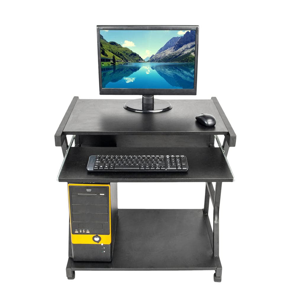Compact Mobile Computer Desk Cart with Keyboard Tray & Printer Shelf - Black | Ideal for Home Office, Small Spaces, Workstations & Writing Desks