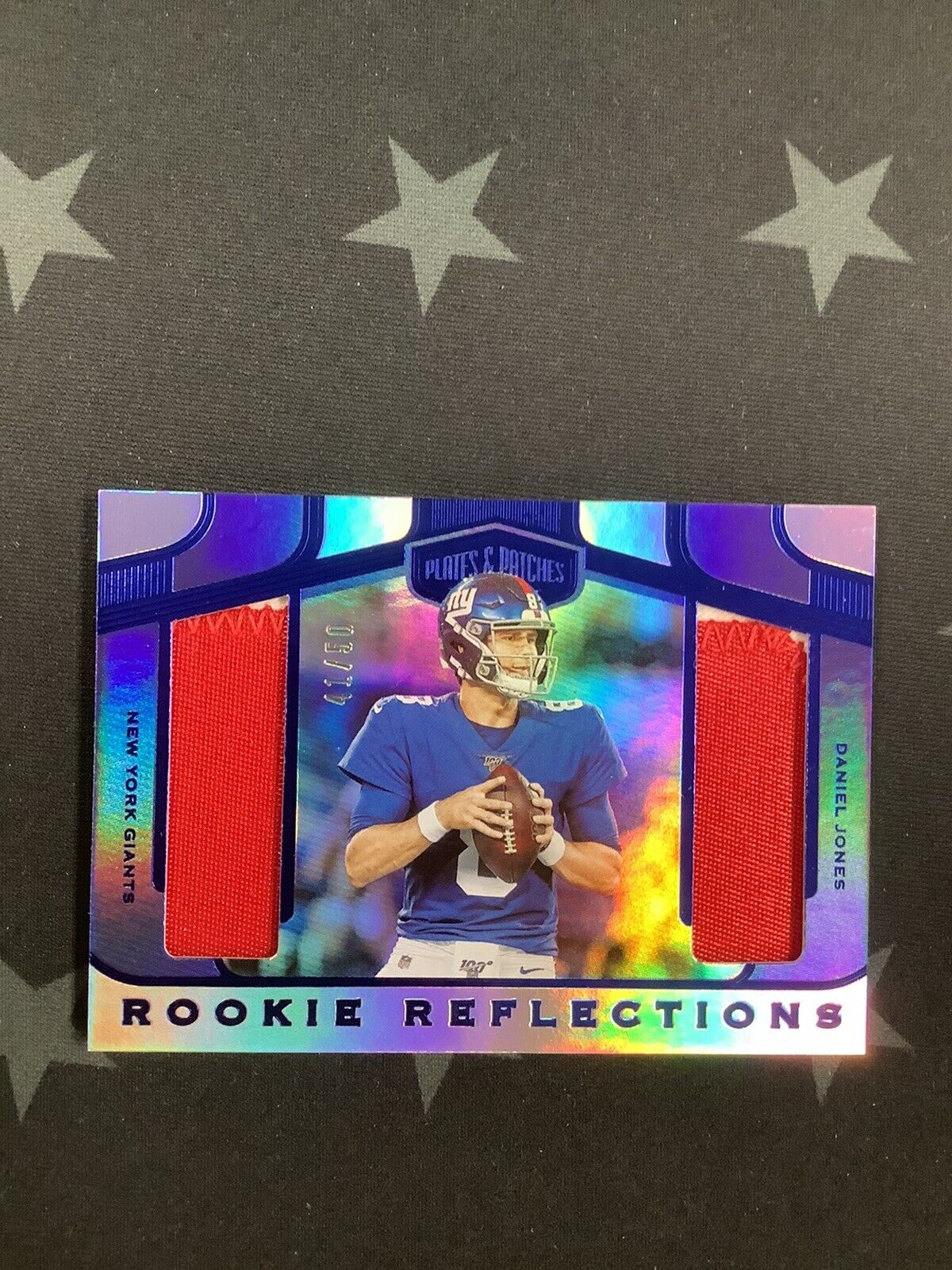 2019 Daniel Jones Rookie Reflections Patch Card 41/50 #RR DJO - New York Giants NFL Collectible for Fans & Memorabilia Enthusiasts - Perfect for Display, Trading, or Gifting
