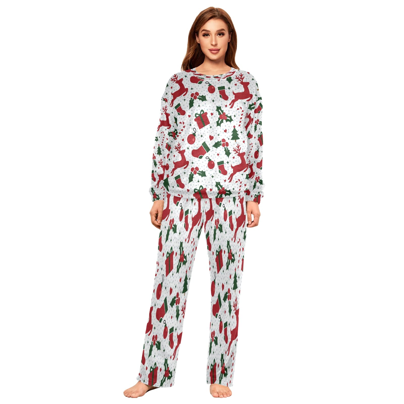 ALAZA Women's Red Deer Flannel Pajama Set - 2 Piece Long Sleeve Sleepwear & Lounge Outfit for Cozy Nights, Winter Comfort, and Relaxing at Home