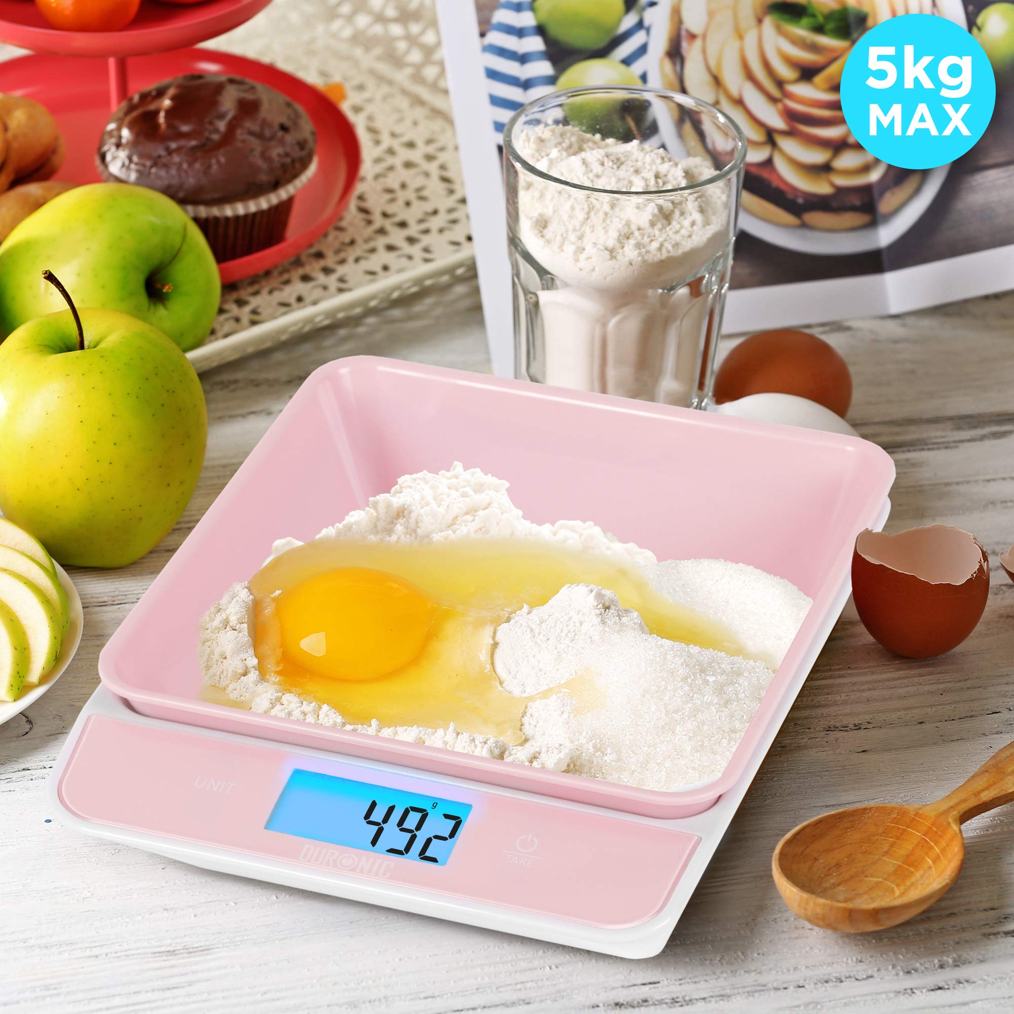 Duronic KS100 Digital Kitchen Scale with Bowl - 11lb/5kg Precision Electronic Food Scale for Cooking, Baking, Pet Food - Pink Baking Scale with Tare & LCD Display | Perfect for Home Kitchen, Bakeries, and Meal Prep