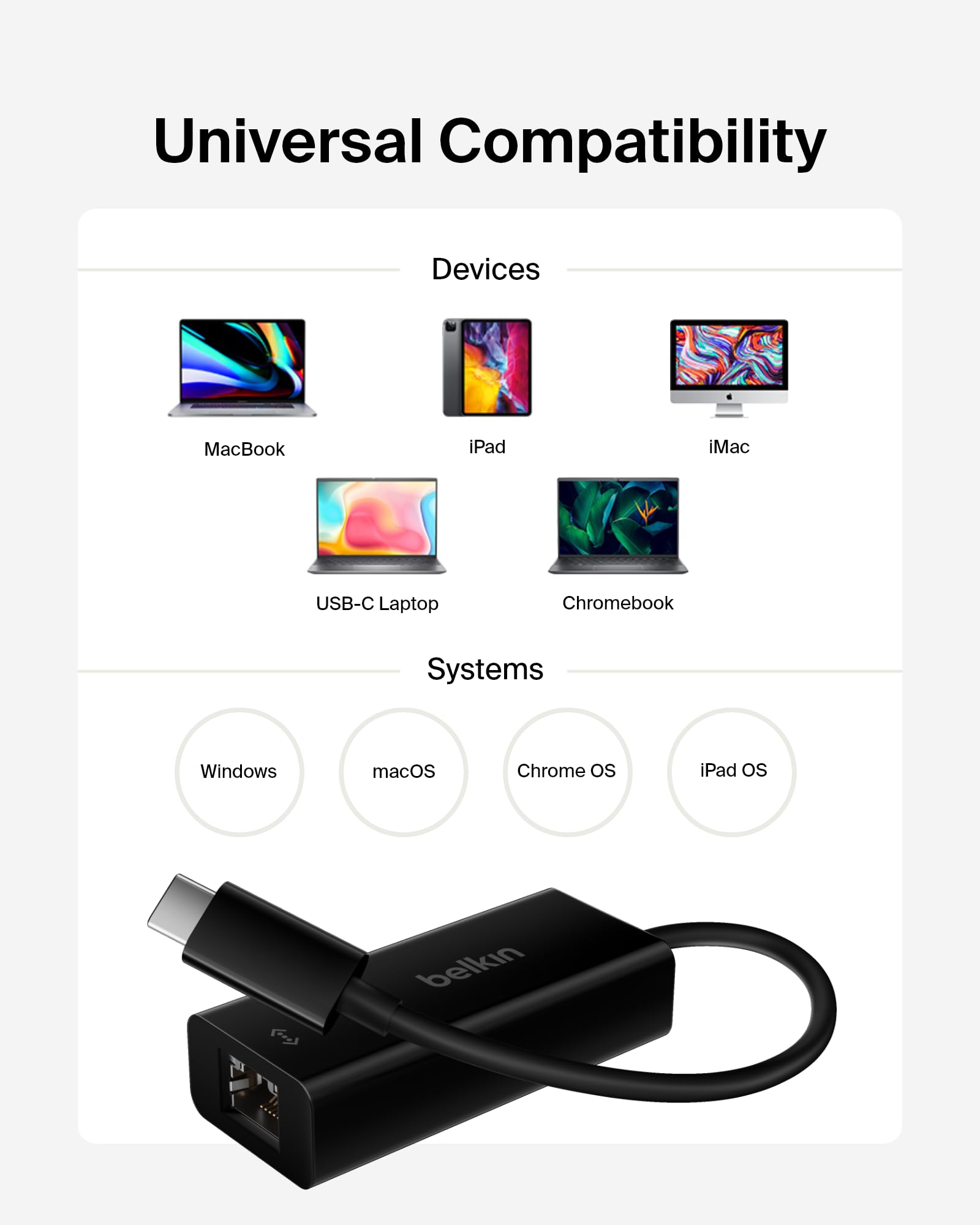Belkin USB-C to Ethernet Adapter - Gigabit Ethernet Port for MacBook Pro, Dell XPS 13 & USB-C Devices - High-Speed Wired Internet Connection for Home Office, Gaming & Video Conferencing - Black