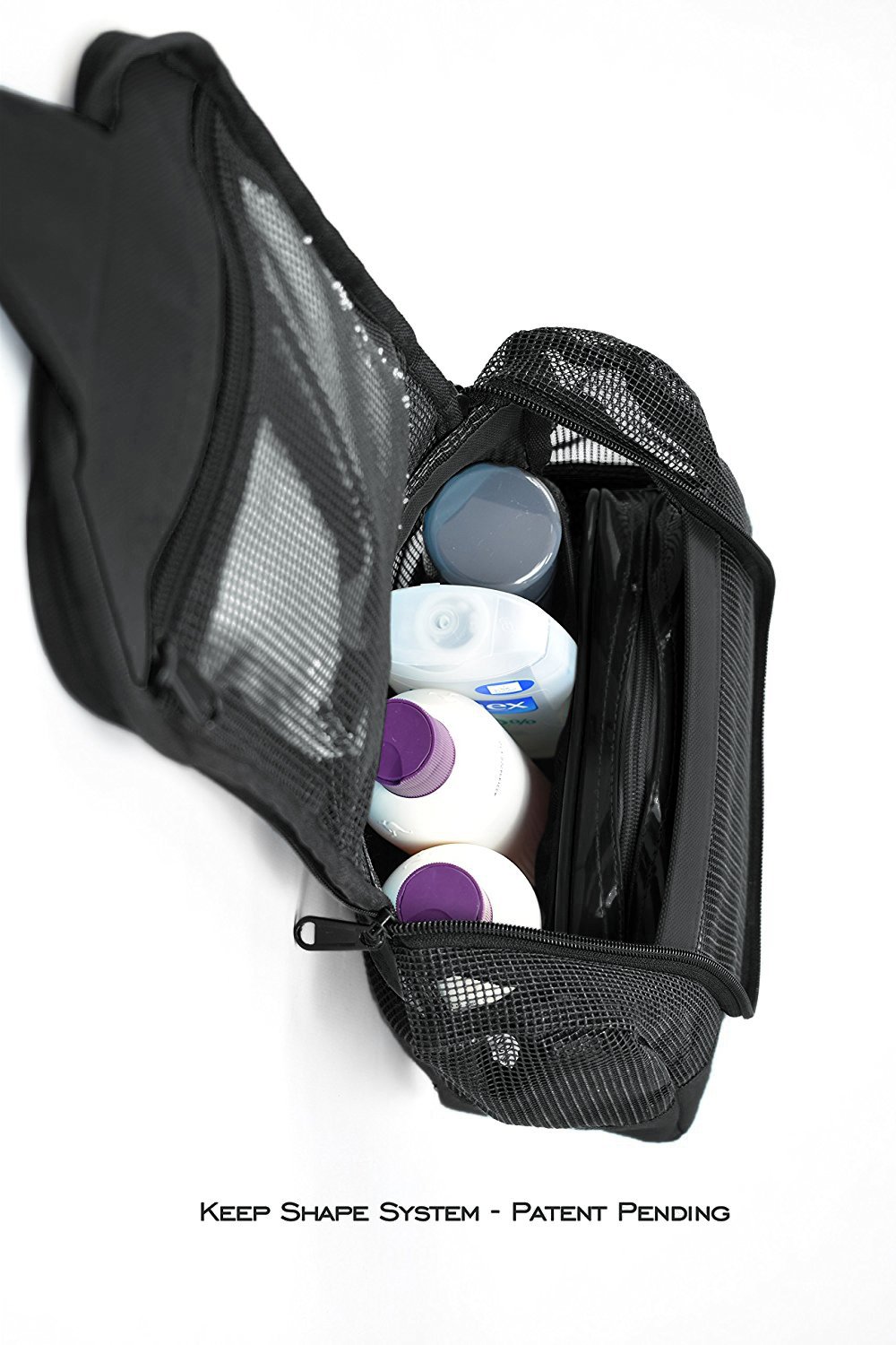 Portable Hanging Shower Caddy Organizer - Quick Dry Mesh Bathroom Storage Bag with Metal Hook & Free Toiletries Case (10”x4”x8”, Black) - Perfect for College Dorm, Camping, Gym & Travel Accessories
