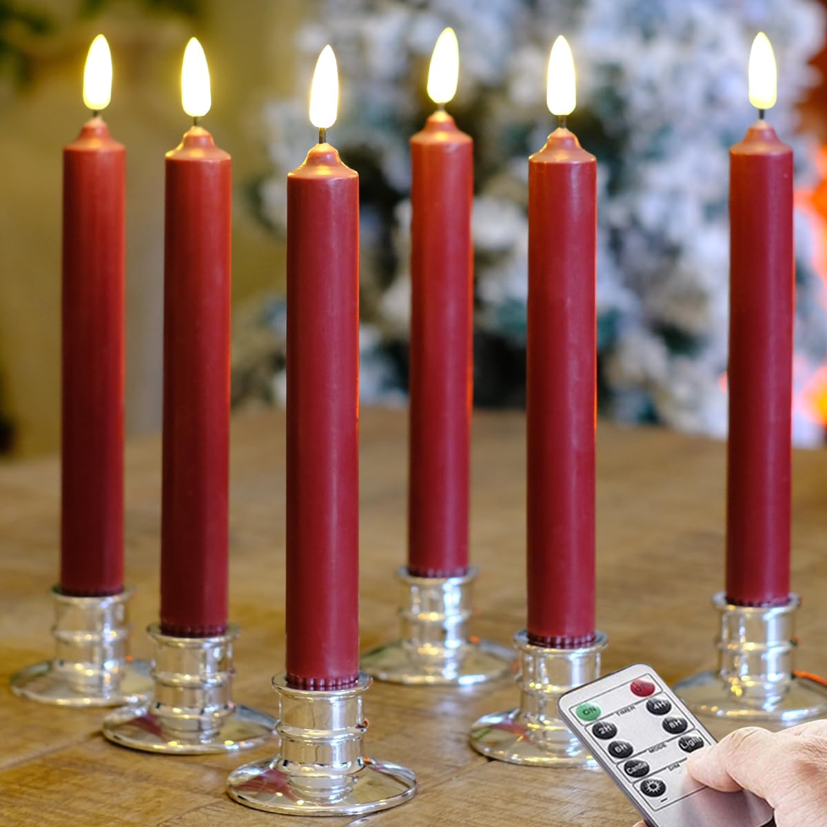 6 Pack Real Wax Burgundy Red Flameless LED Candles - 8 Inch Battery Operated Window Candles with Remote Timer & Silver Candlesticks | Perfect for Christmas Decor, Wedding Centerpieces & Home Ambiance Lighting
