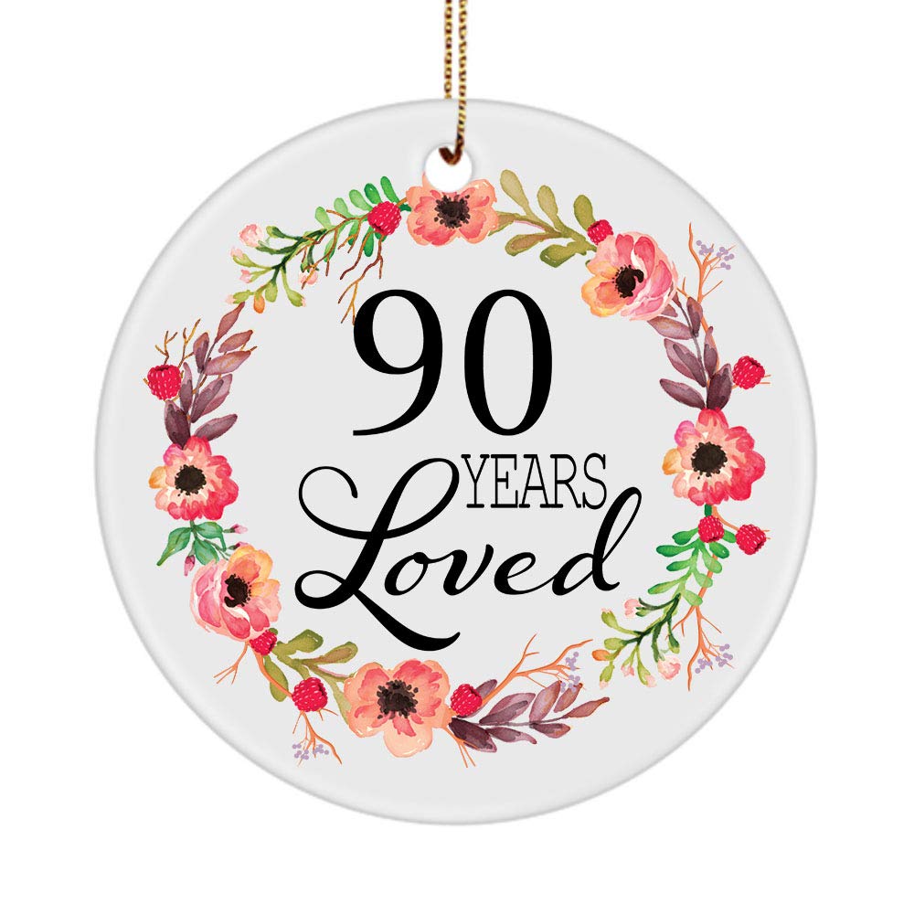 90th Birthday Christmas Ornament - Personalized 90 Years Loved Keepsake - Round Ceramic Holiday Decoration for Women Born in 1930 - Perfect Gift for 90 Year Old Birthday Party Decor & Christmas Tree