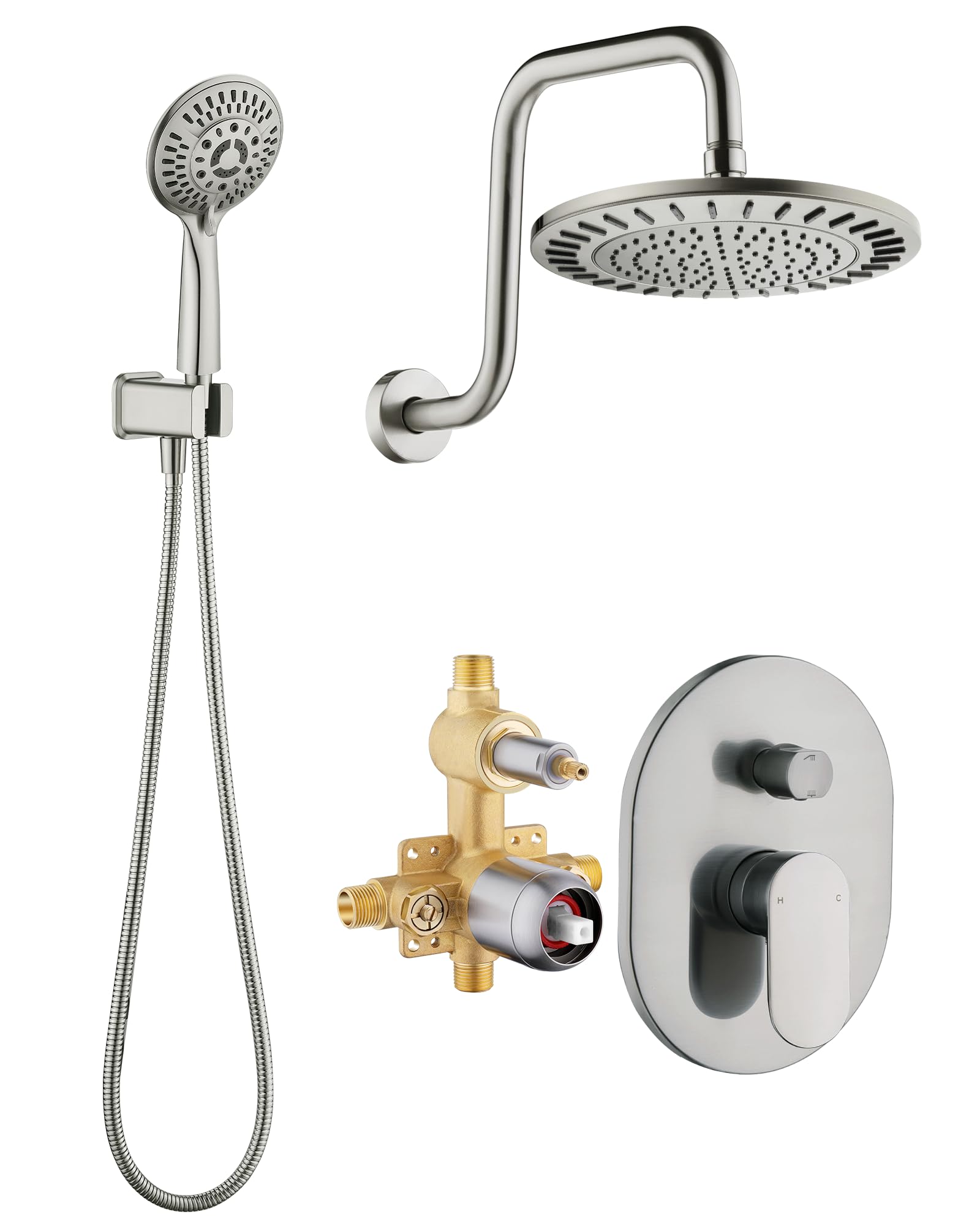 BRIGHT SHOWERS Brushed Nickel Shower Faucet Set - Double Handle Shower System with Rainfall Shower Head & 9-Setting Handheld Spray Combo, Includes Shower Valve Trim Kit | Perfect for Bathroom Remodeling & Spa-Like Shower Experience