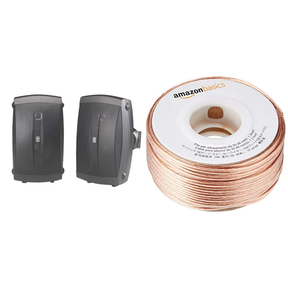YAMAHA NS-AW150BL 2-Way Indoor Outdoor Speakers (Pair, Black) with 100ft Amazon Basics 16-Gauge Speaker Wire - Weatherproof Audio System for Patio, Garden, Poolside & Home Theater Setup