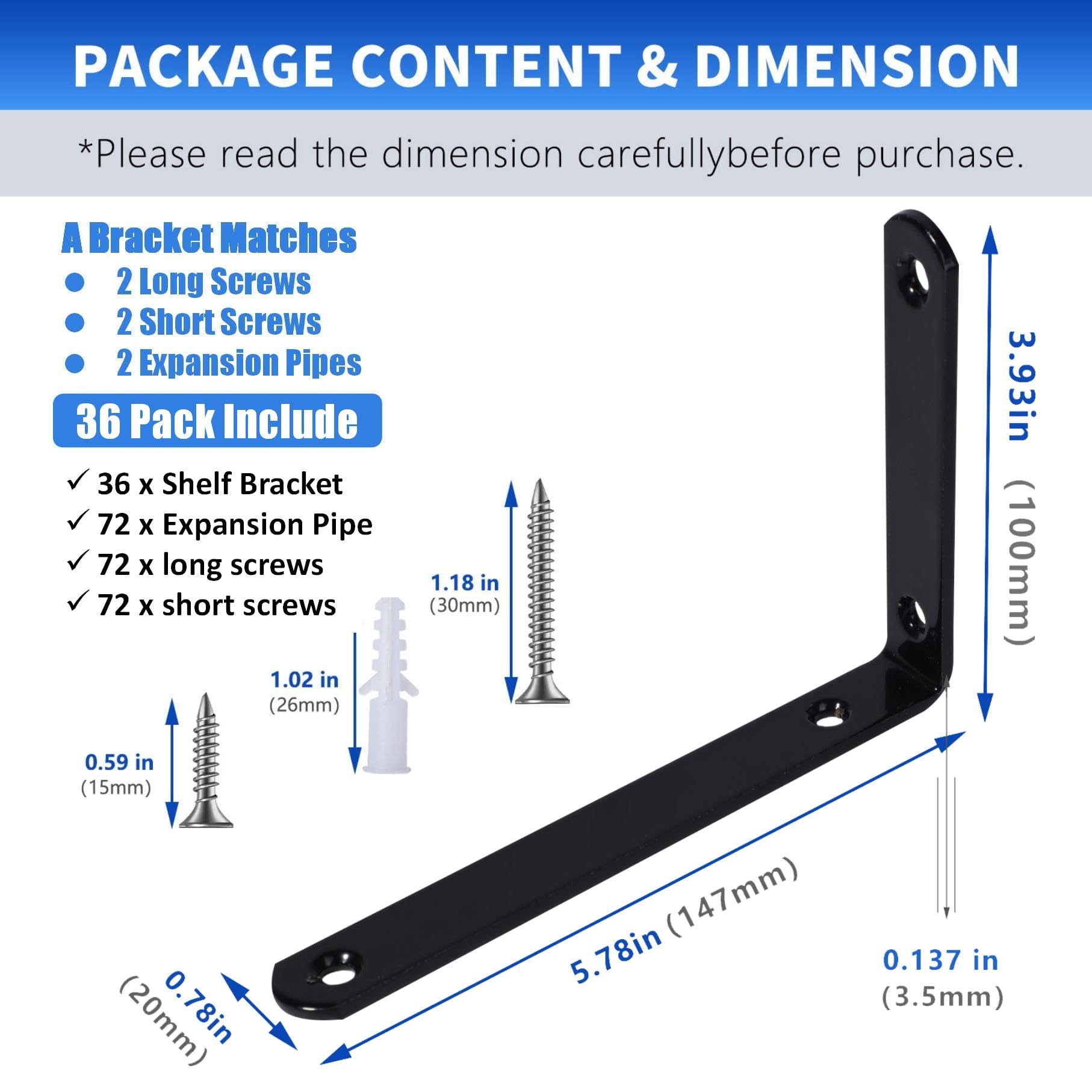 36 Pcs 6 Inch Black Heavy Duty Metal Floating Shelf Brackets - Wall Mounted L Bracket Supports with Screws for DIY Home Shelving, Kitchen, Bathroom & Garage Storage