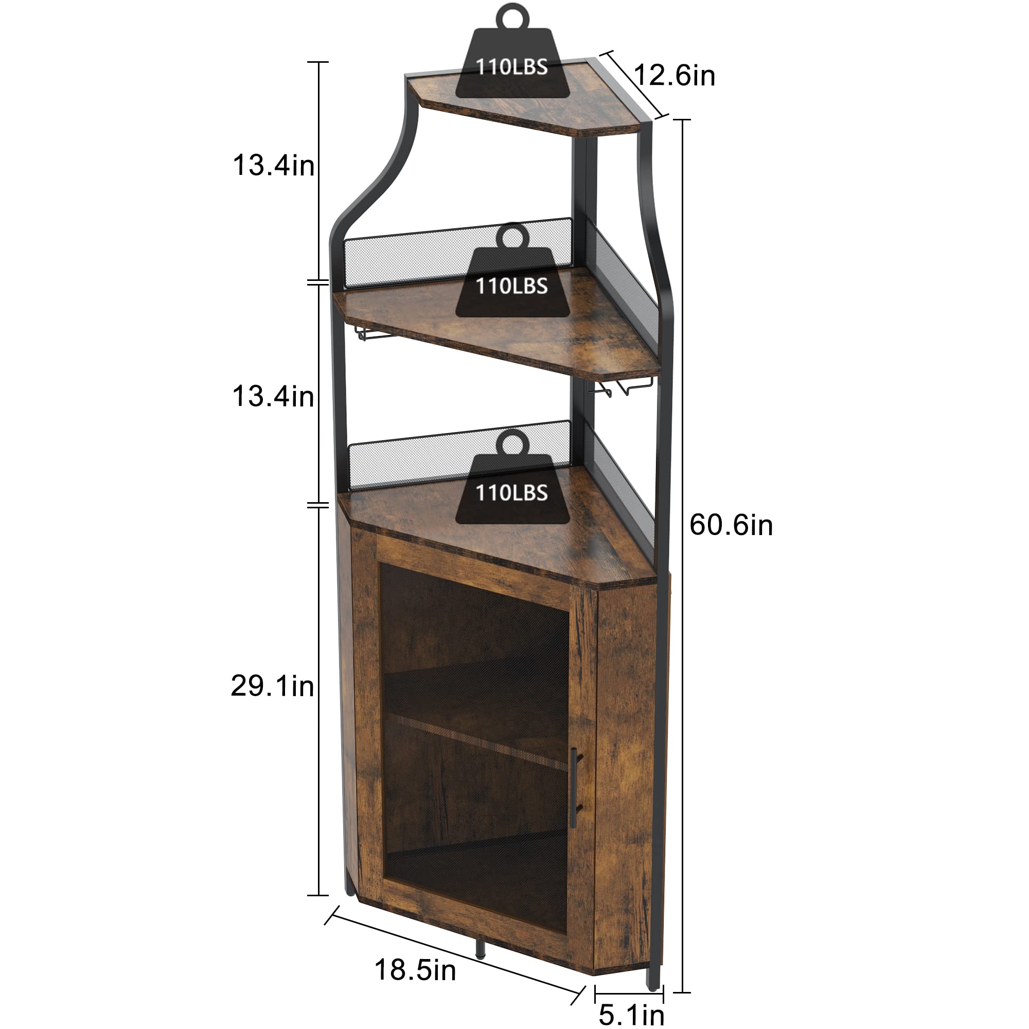 5-Tier Industrial Corner Wine Cabinet with Detachable Rack, Barn Door & Glass Holder - Rustic Brown Farmhouse Bar Cabinet for Dining Room, Kitchen or Home Bar Decor