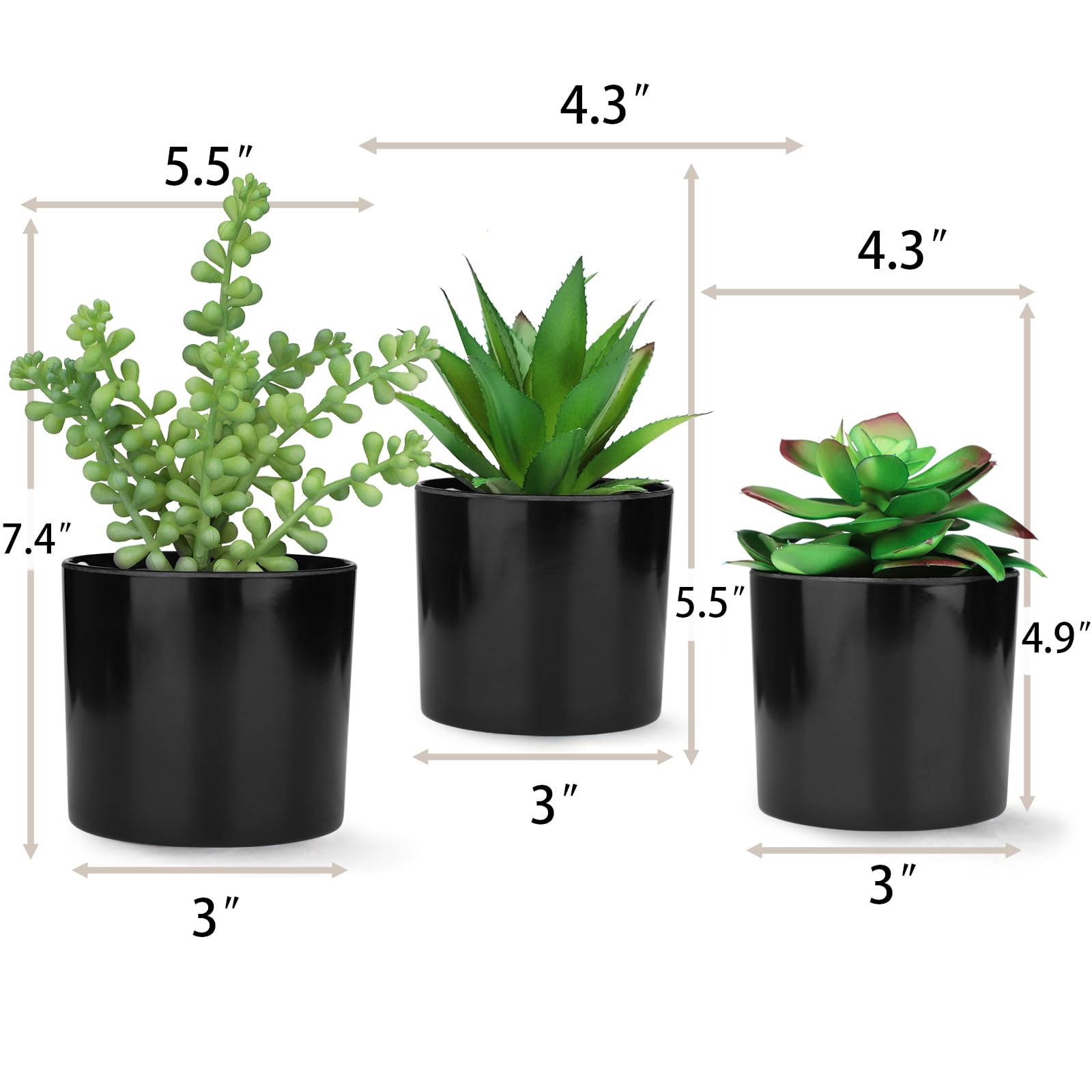 Hopewood Artificial Succulents - Set of 3 Realistic Faux Potted Plants in Black Pots for Home & Office Decor | Perfect for Bookshelves, Desks, Kitchen, Bathroom & Indoor Spaces