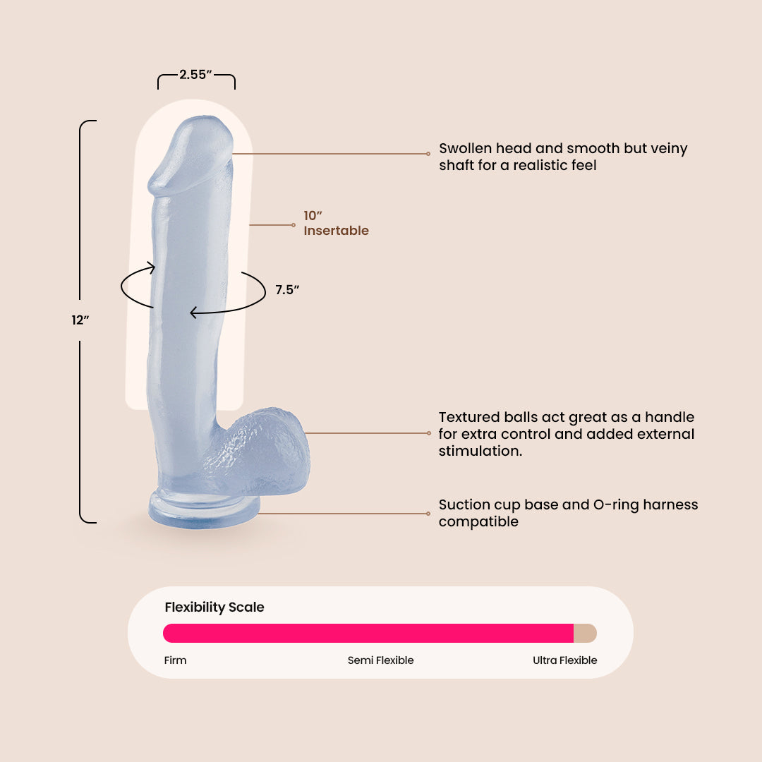 Flexible and Firm Basix 12 Inch Dildo with Strong Suction Cup - Perfect for Solo Play, Couples Fun & BDSM Exploration