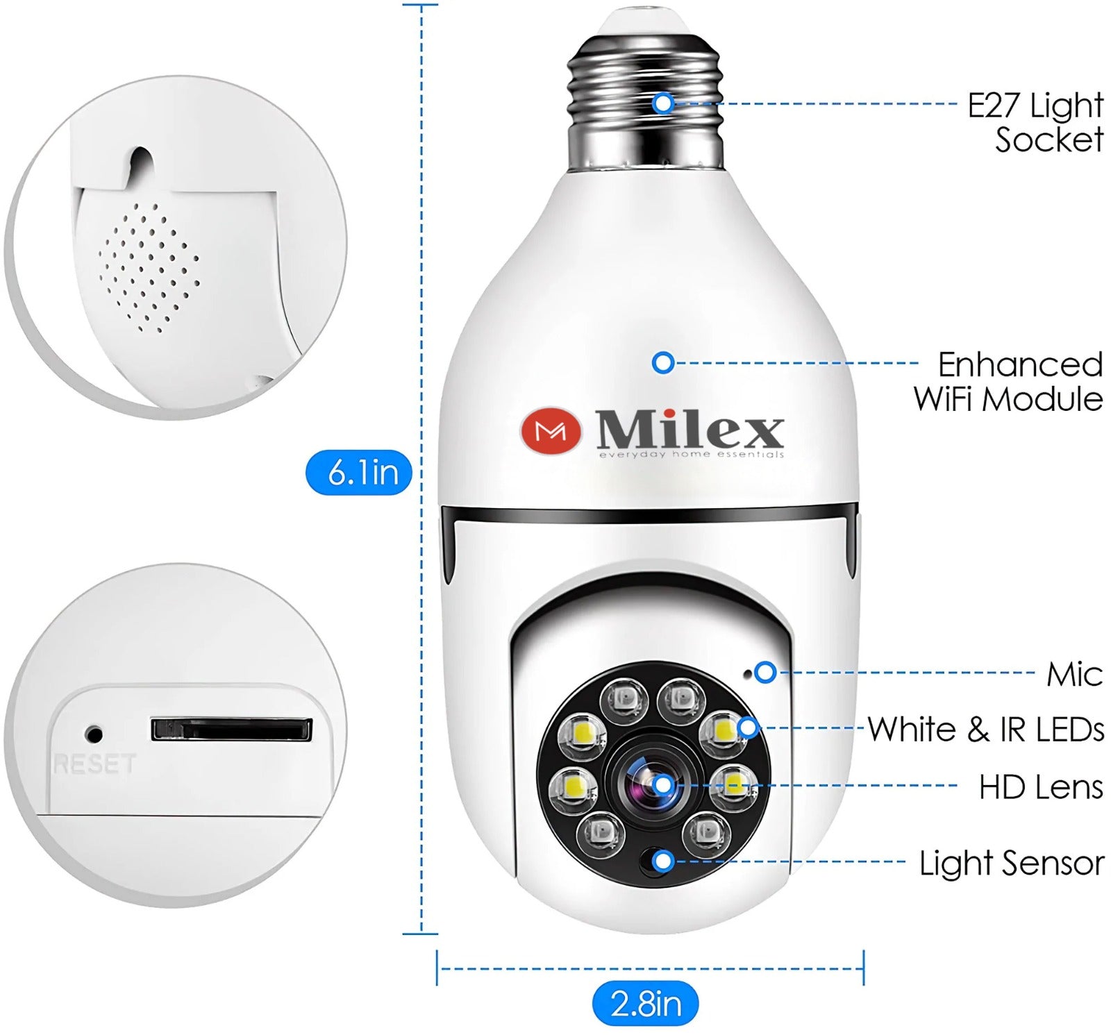 Milex 2K Light Bulb Security Camera with Motion Detection & Night Vision - Wireless WiFi Smart Home Surveillance for Indoor/Outdoor Use - Perfect for Porch, Garage, and Baby Monitor Security