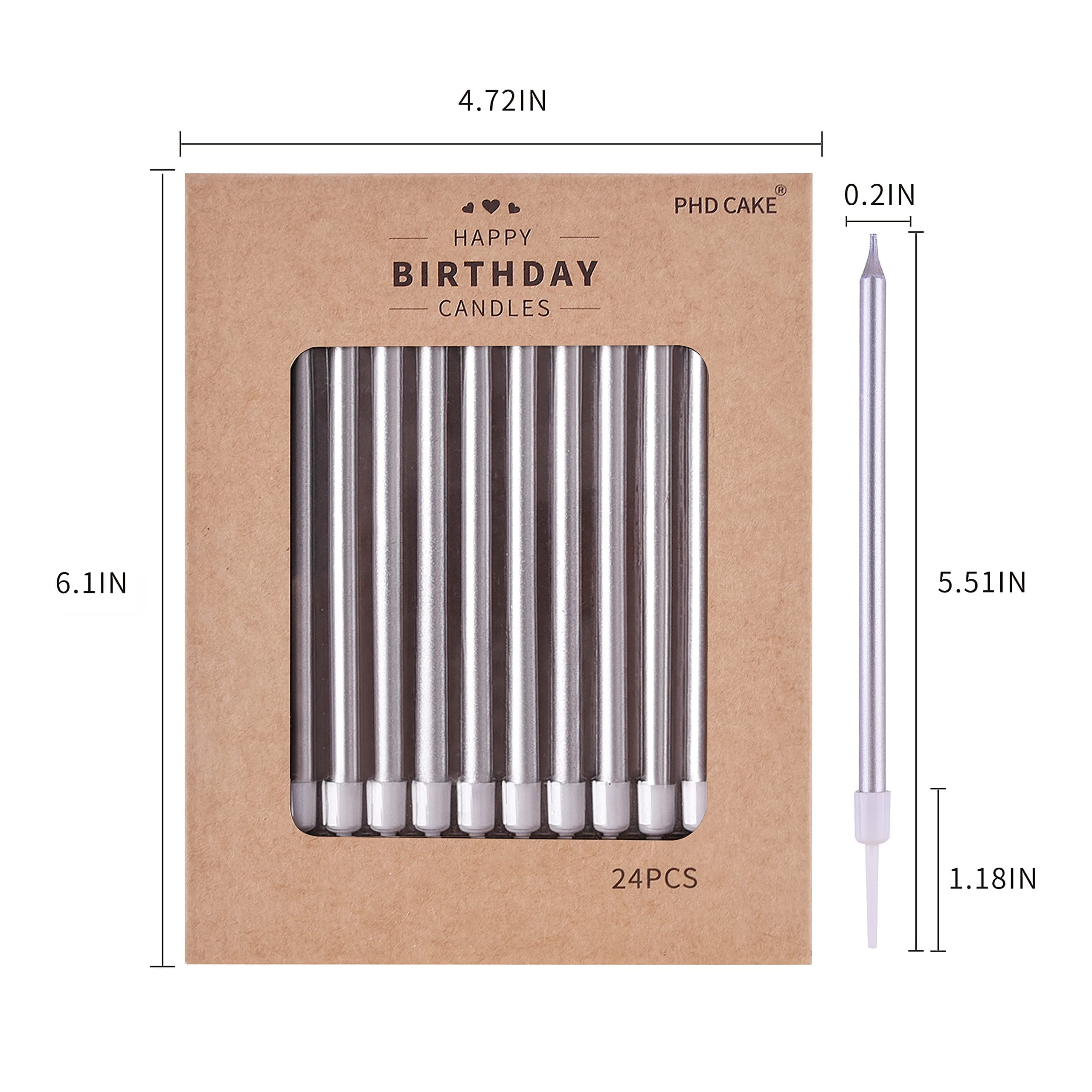 PHD CAKE Silver Long Thin Metallic Birthday Candles - Elegant Cake Candles for Birthday Parties, Wedding Decorations & Special Events - Perfect for Cakes, Cupcakes and Dessert Tables