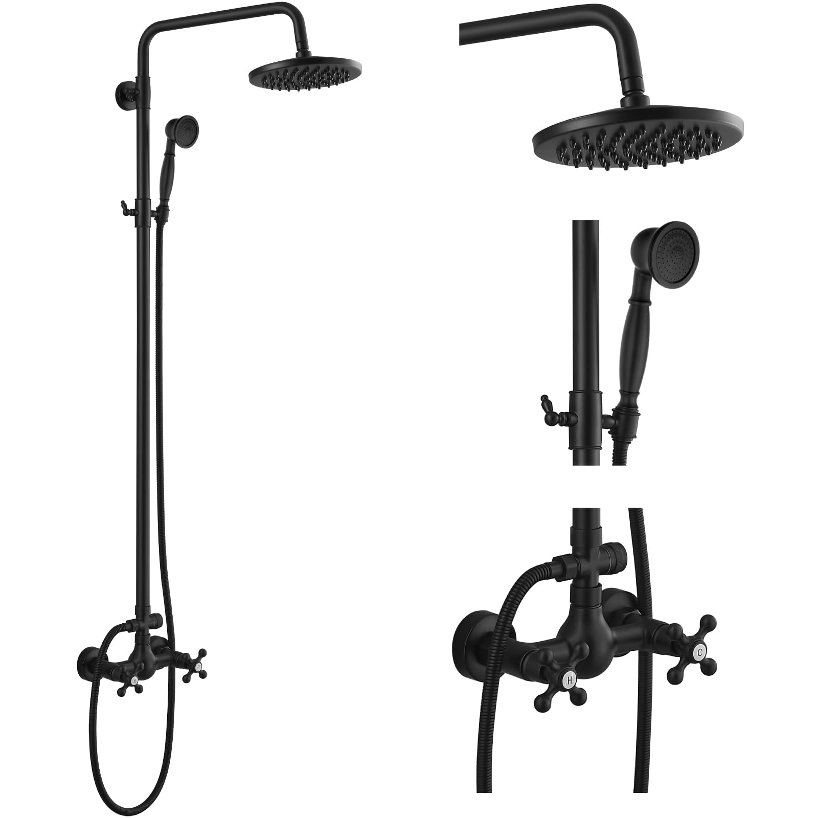 Gotonovo 8 Inch Rainfall Shower Head with Handheld Shower - Matte Black Wall Mount Bathroom Faucet Set (2 Functions, Cross Handle) for Spa-Like Experience & Modern Home Decor