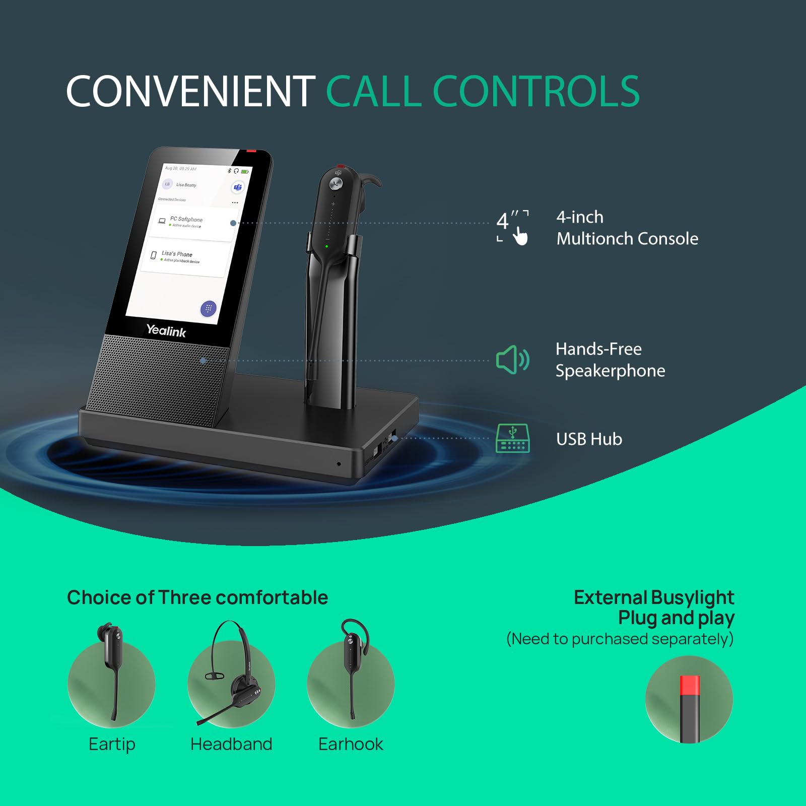 Yealink WH67 Wireless DECT Headset - Teams Certified with 120m/394ft Range, 8H Talk Time, Noise Canceling Mic, Bluetooth & USB-A - Compatible with PC, Laptop, Desk Phone & Cell Phone - Perfect for Remote Work, Call Centers & Office Meetings