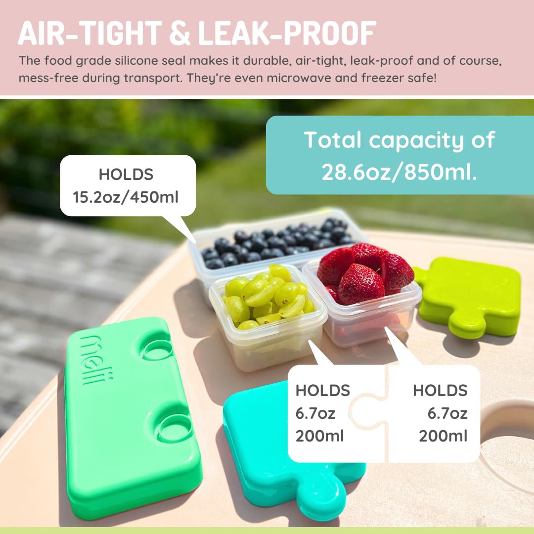 Melii 3-Compartment Bento Box Food Storage Container - 28.6oz Leak-Proof Lunch Box for Adults & Kids (Blue, Mint & Lime) - Perfect for School, Office, Picnics & Meal Prep