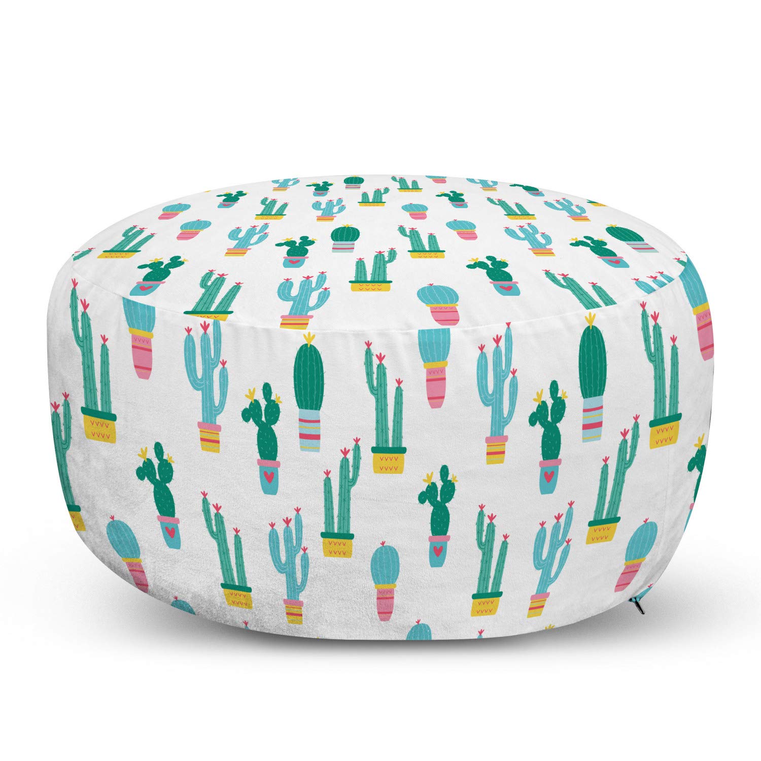 Ambesonne Cactus Ottoman Pouf - Decorative Foot Rest with Removable Cover, Cartoon Prickle Plants in Pots Continuous Pattern, Soft Living Room & Bedroom Accent Furniture - Perfect for Relaxing, Reading Nook or Nursery Decor (Multicolor)