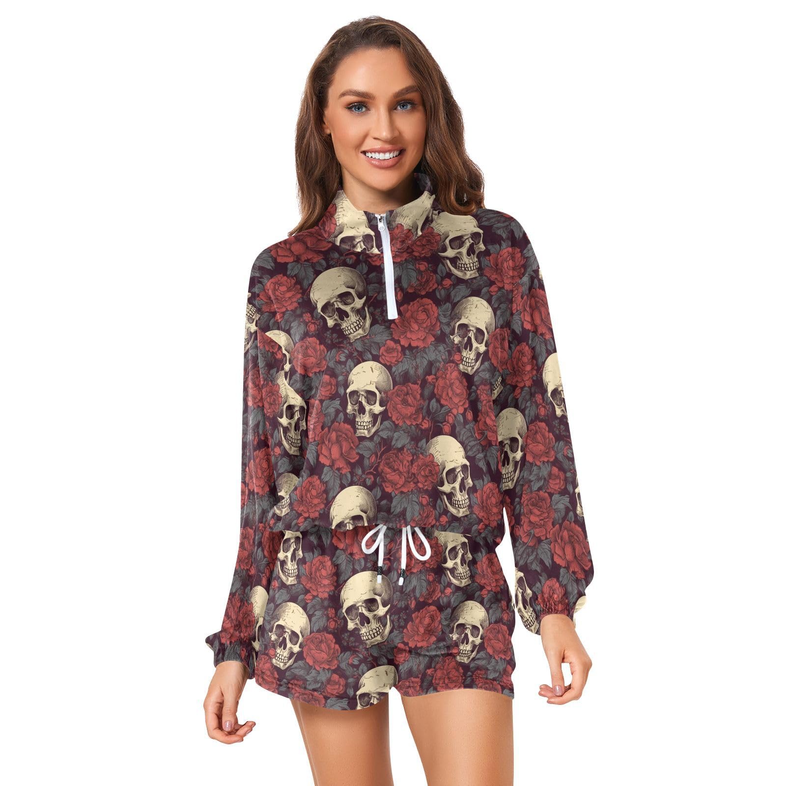 Vintage Red Rose Skull Print Women's 2-Piece Lounge Set - Soft Sweatshirt & Comfortable Shorts for Casual Wear, Sleepwear, and Street Fashion