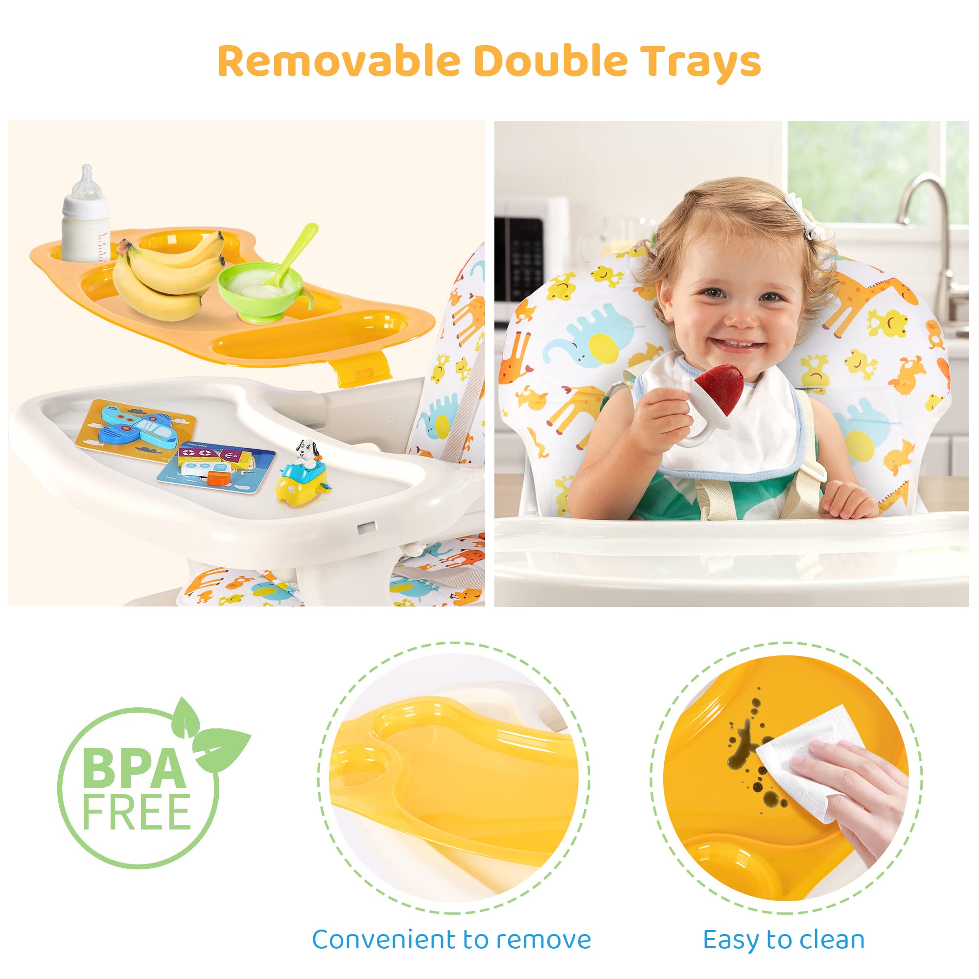 Adjustable Baby High Chair with Detachable Cushion & Double Removable Trays - Safe Toddler Feeding Seat for Infants 6-36 Months - Easy Clean Green Highchair for Home, Restaurant & Daycare Use