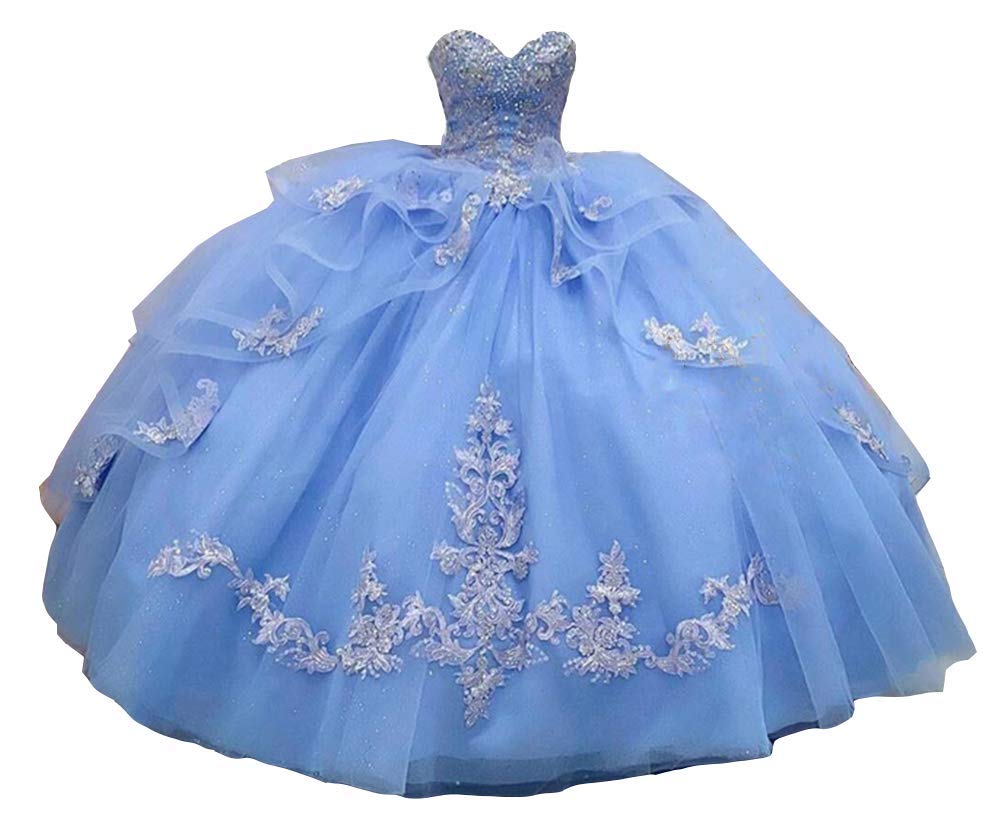 Elegant Light Blue Quinceanera Dress for Women - Lace Applique Ruffles & Beaded Sweetheart Formal Ball Gown | Perfect for Sweet 15, Prom, Wedding & Special Occasions