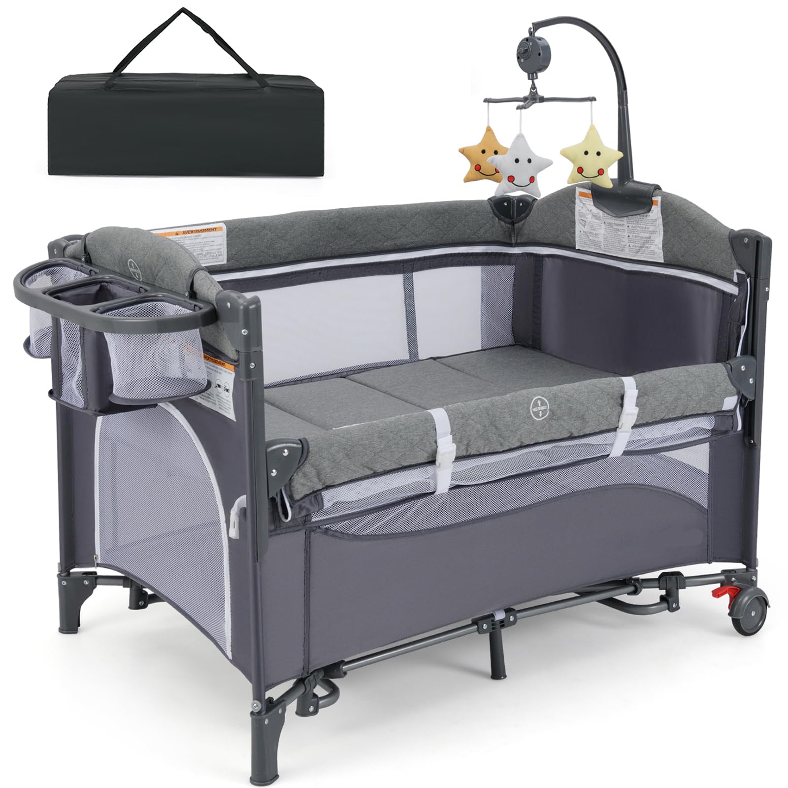 GYMAX 5-in-1 Portable Baby Travel Cot with Changing Table, Storage Pocket & Hanging Toys - Adjustable Infant Bassinet Playard Nursery Center for Home, Travel & Outdoor Use (Classic)