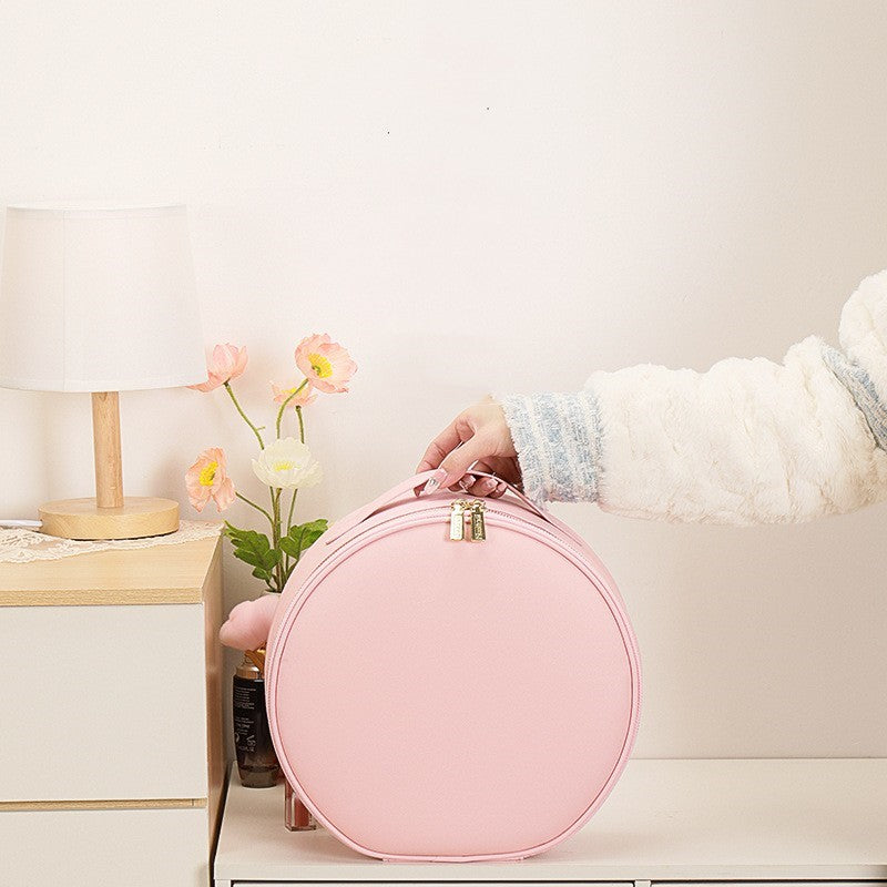 Round Smart LED Makeup Bag with Mirror Lights - Large Capacity PU Leather Cosmetic Case for Women | Travel Organizer & Beauty Storage | Perfect for Travel, Home Vanity & On-the-Go Touchups