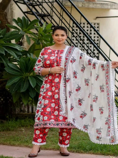Plus Size Red & White Floral Printed Cotton Salwar Suit for Women | Comfortable Indian Ethnic Outfit for Festivals, Weddings & Special Occasions