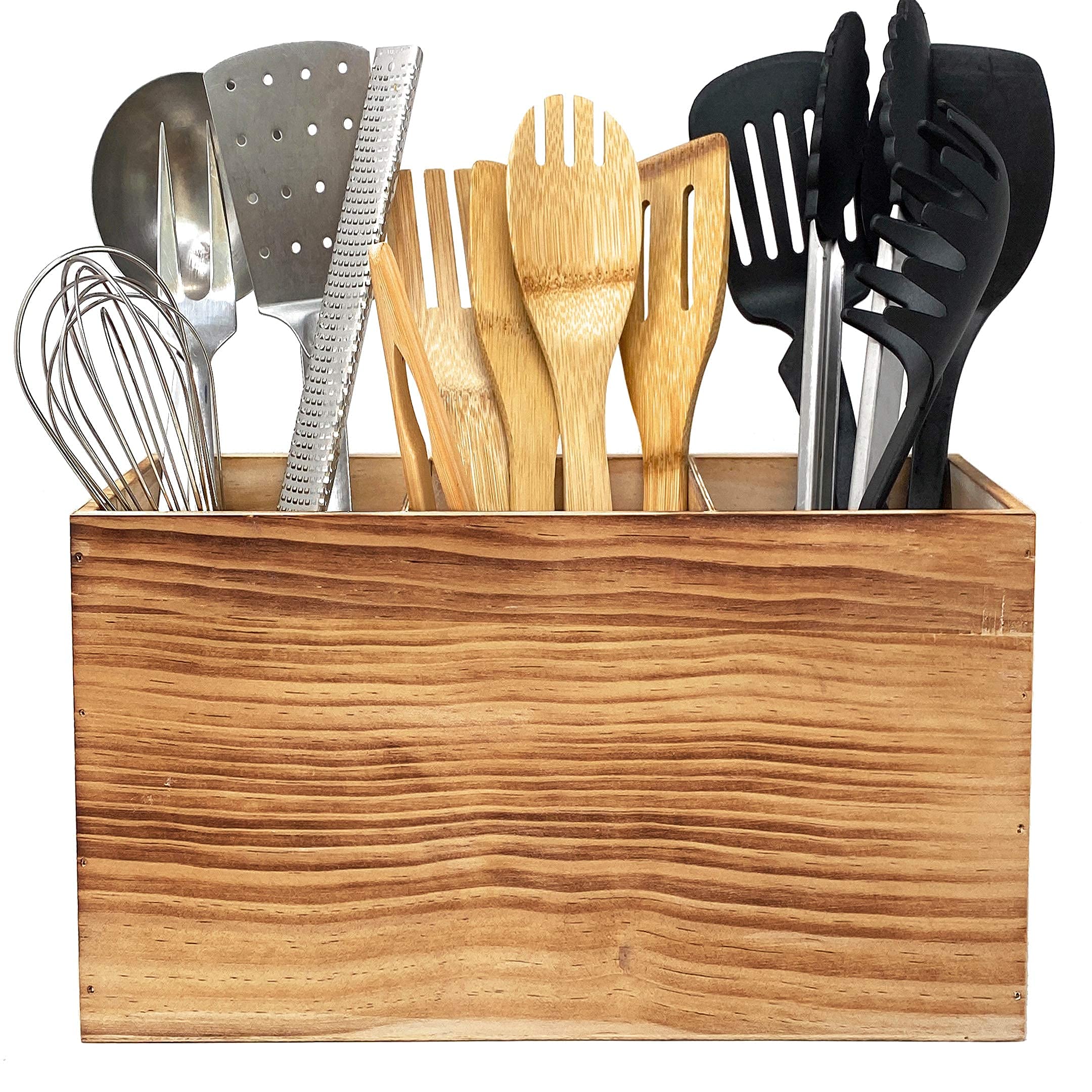 Farmhouse Style Wooden Kitchen Utensil Holder - 3 Compartment Countertop Organizer for Spoons, Spatulas & Cooking Tools - Rustic Kitchen Decor for Counter, Pantry or Dining Table Storage