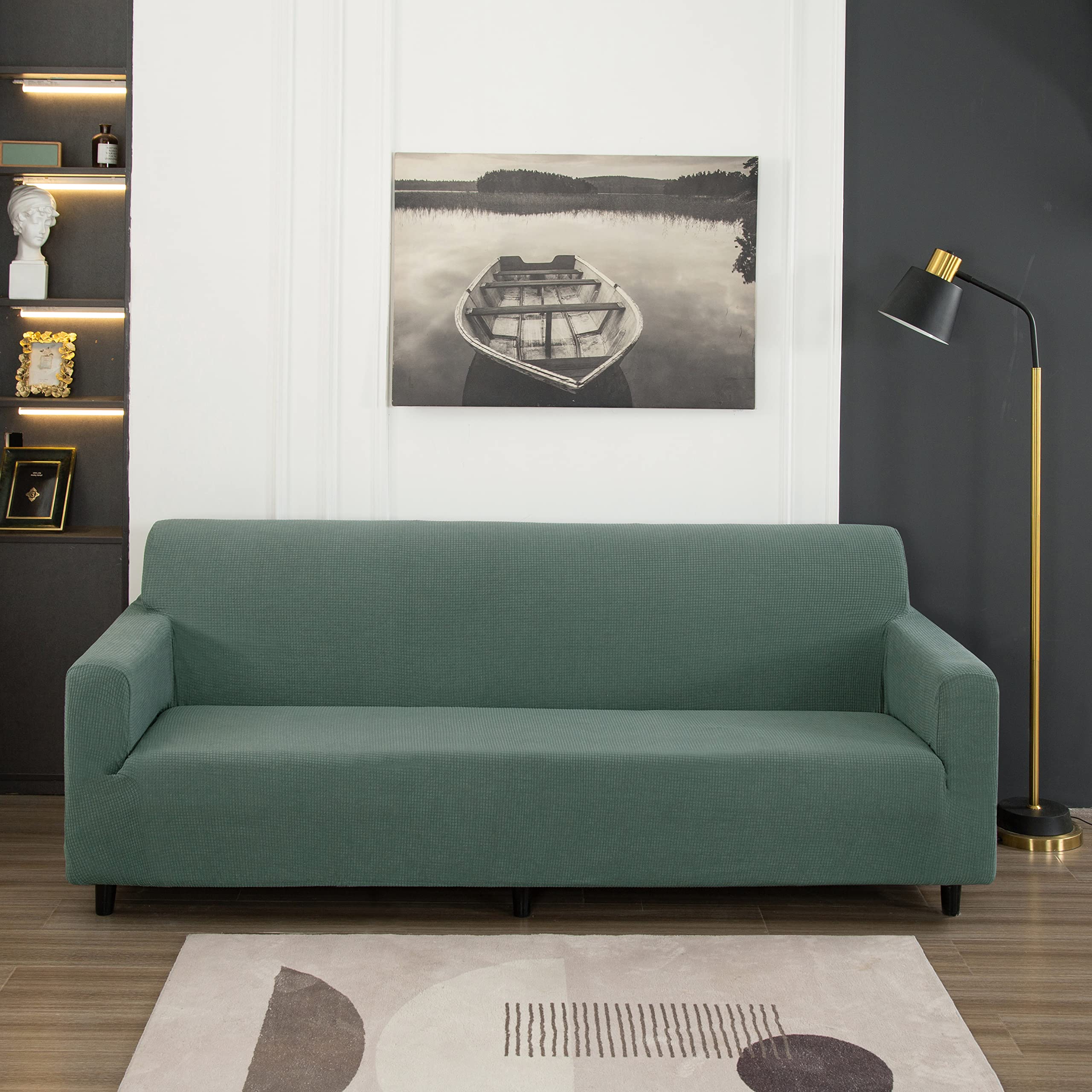 3-Piece Sofa Cover Set - Jacquard Velvet Slipcovers for 1, 2, 3 Seater Couches, Loveseats & Armchairs - Green Furniture Protector for Living Room, Bedroom & Office (Sofa+Loveseat+Armchair)