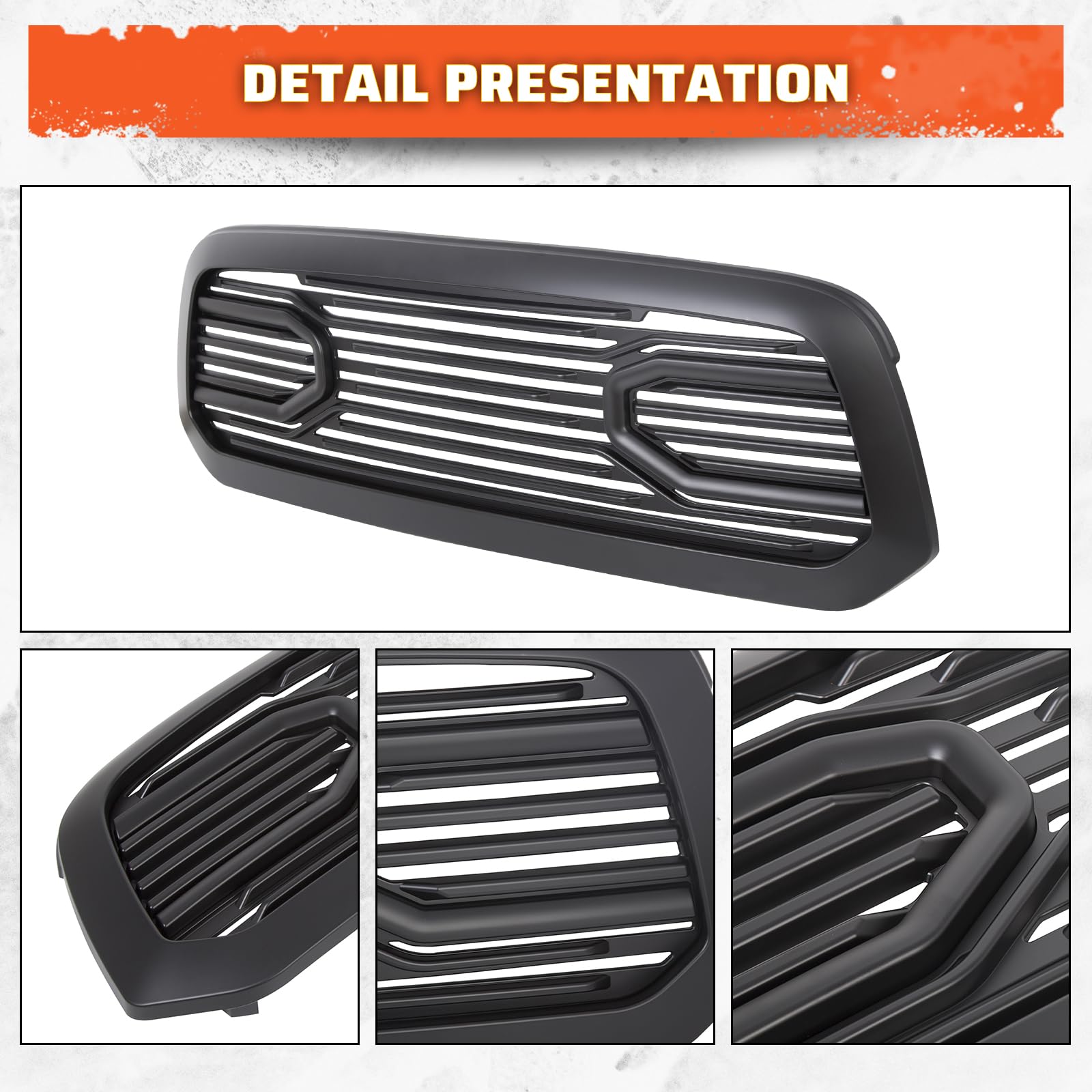 ECOTRIC Front Replacement Shell Grille Compatible With 2013-2018 Dodge RAM 1500 (Without Light) Black Big Horn Grill - Upgrade Your Truck's Style for Off-Roading & Daily Driving