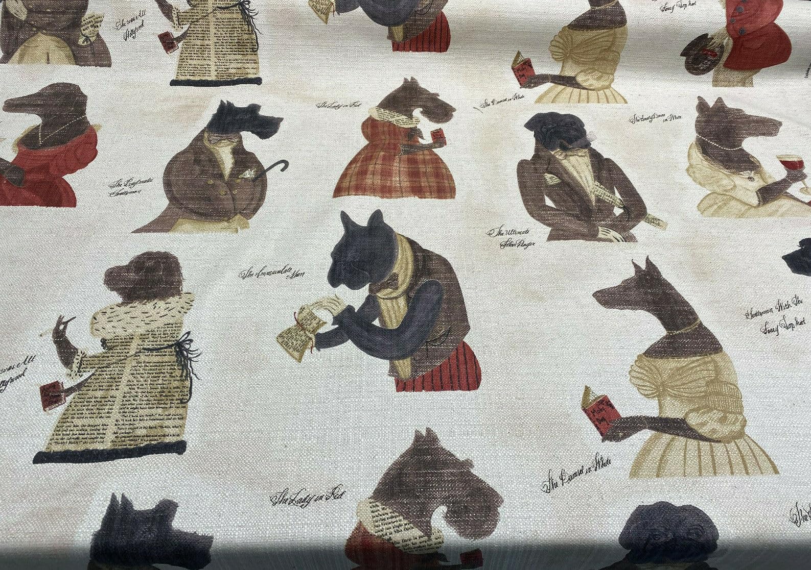 Whimsical Linen Blend Upholstery Fabric by The Yard - Fancy Dog Top Hat & Cigar Print | Perfect for Pet Costumes, Home Decor & DIY Crafts