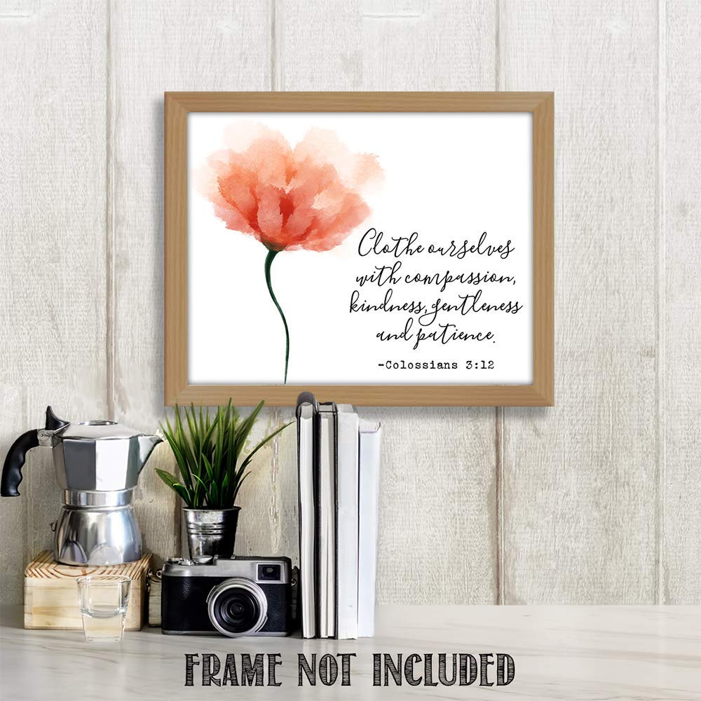 TJ Originals Christian Bible Verse Wall Art - Colossians 3:12 Inspirational Scripture Print 11x14, Compassion Quote Home Decor, Religious Gift for Women, Family & Friends (Flower Pastel) | Perfect for Living Room, Bedroom, Church & Office Decor