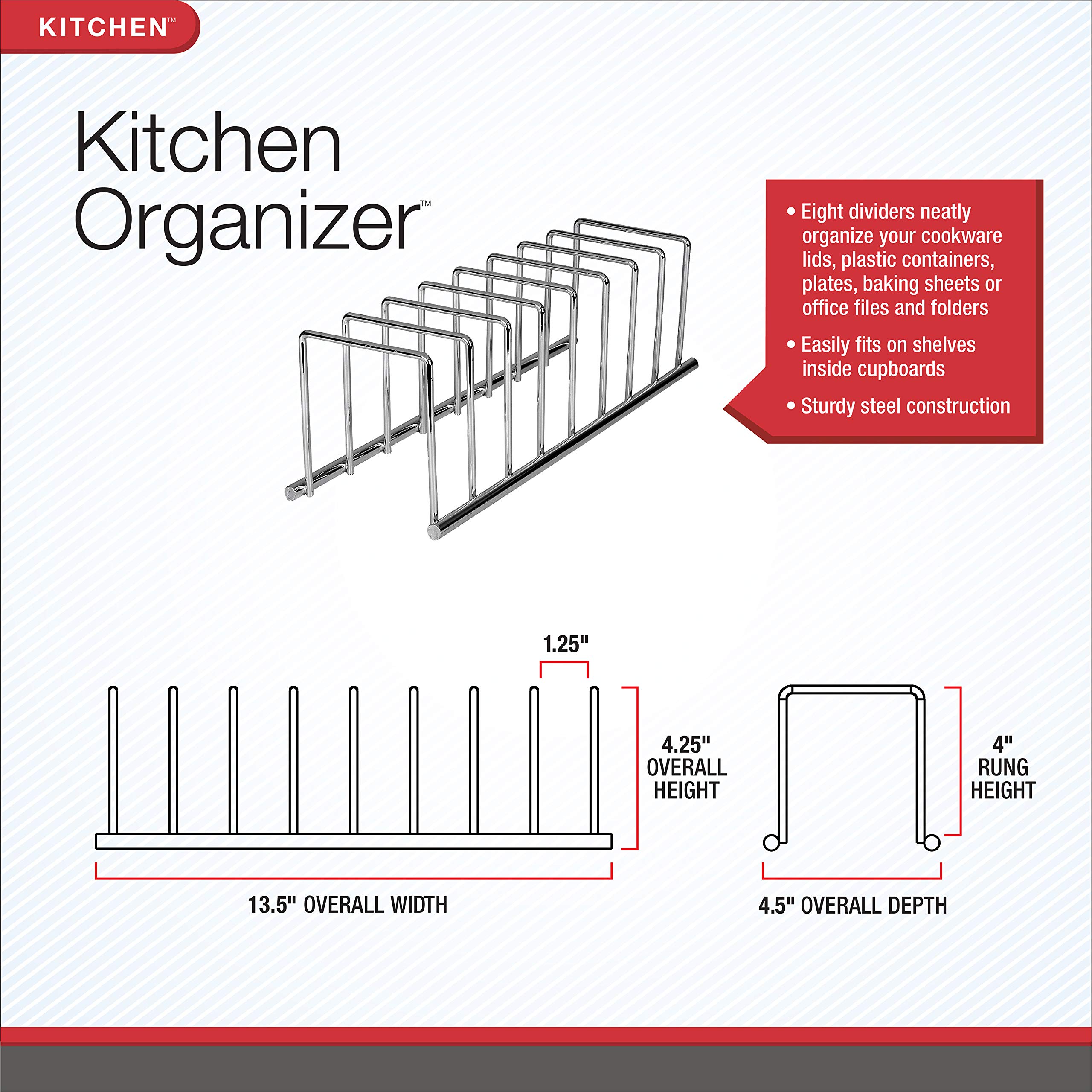 Euro Kitchen Organizers for Plates, Cutting Boards, Bakeware, Pots & Pans - Space Saving Vertical Storage Rack for Kitchen Countertops & Cabinets