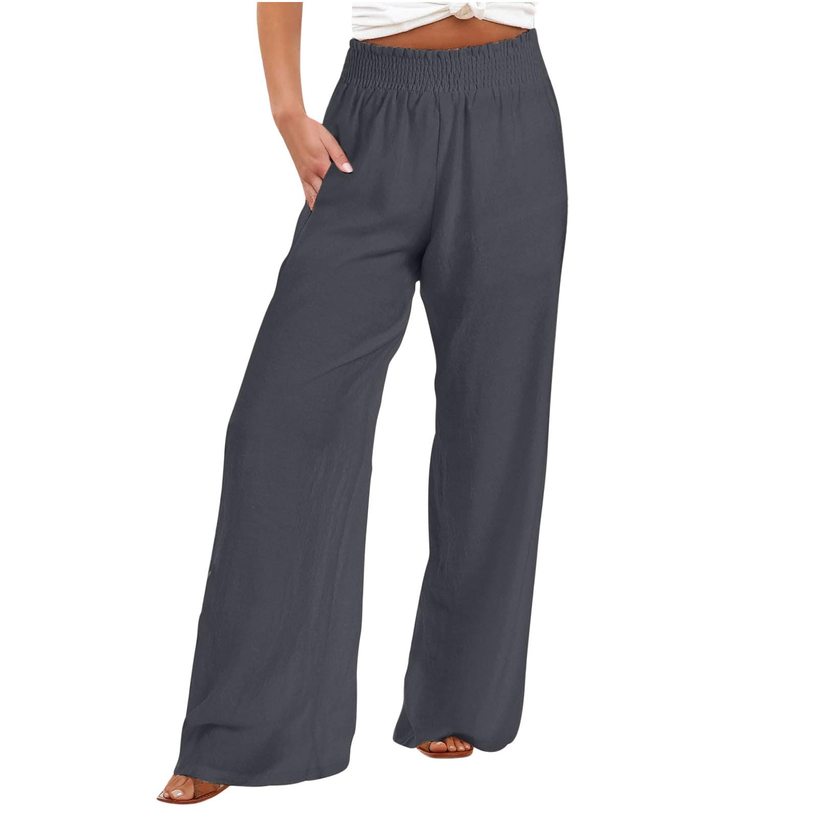 Women's Cotton Linen Wide Leg Palazzo Pants - Plus Size High Waisted Summer Lounge & Beach Trousers with Pockets | Breathable Comfort for Casual Wear, Vacation & Relaxation | Gray
