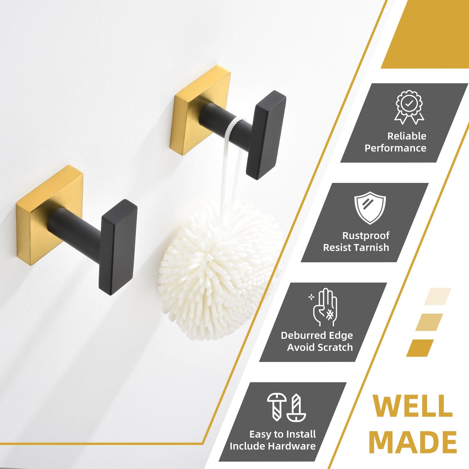 2 Pack Stainless Steel Gold Towel Hooks - Modern Wall Mounted Bathroom & Kitchen Towel Holder for Robes, Coats & Towels - Perfect for Spa, Gym, and Home Decor