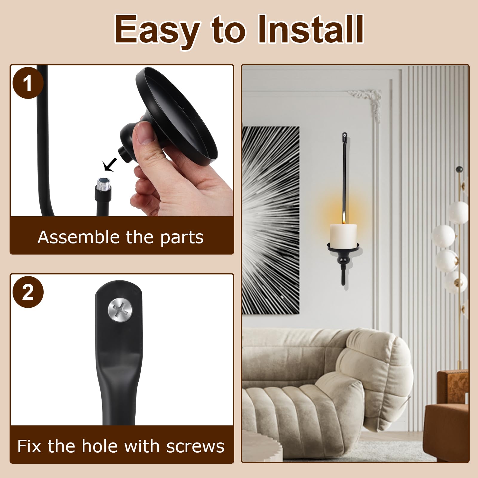 Black Metal Wall Candle Holder Set of 2 - Iron Hanging Wall Sconces for Home Decor, Fireplace, Dining Room & Bathroom - Perfect for Romantic Dinners, Spa Nights & Cozy Ambiance