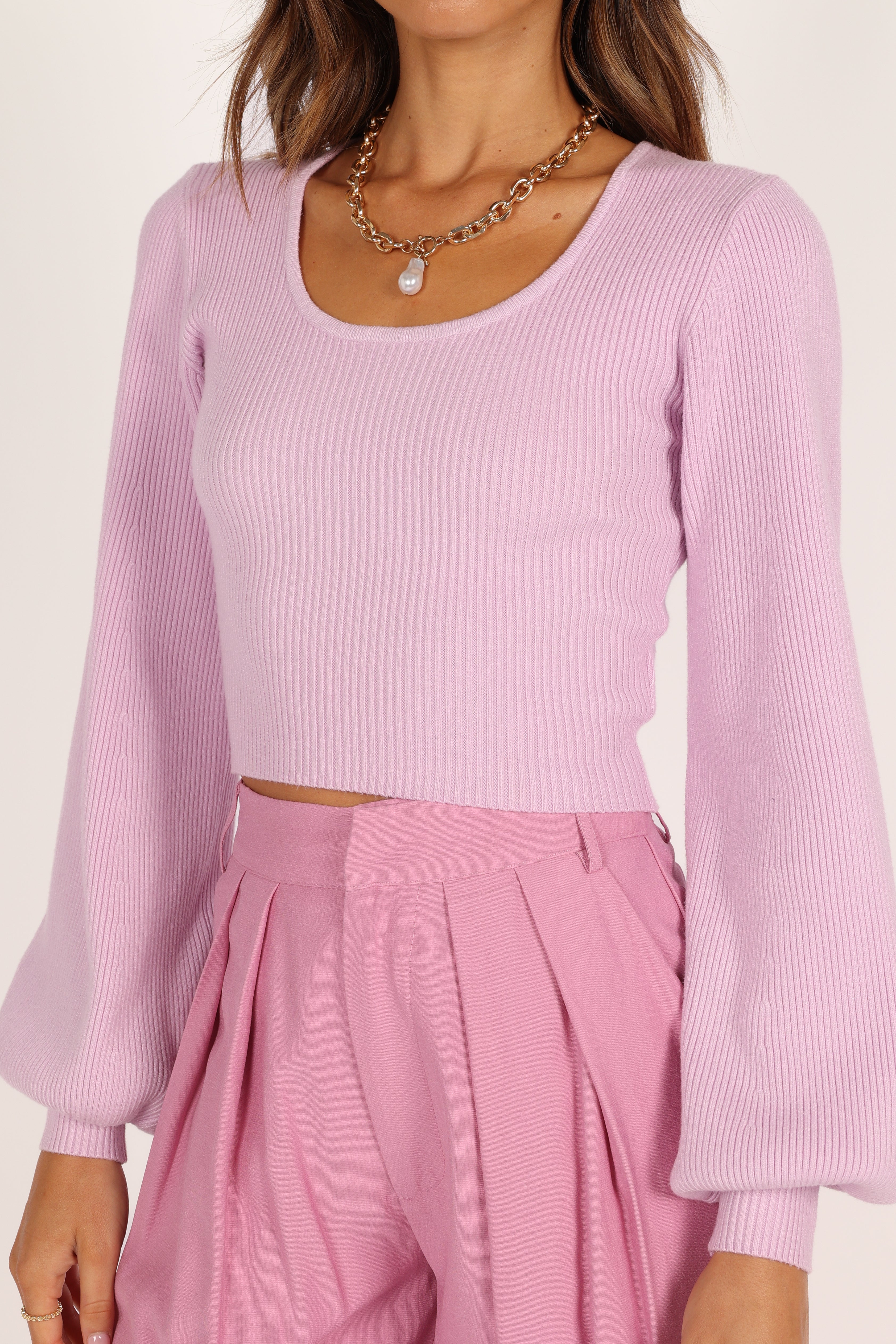 Daphne Crewneck Bubble Sleeve Knit Sweater for Women - Soft Lilac Pullover - Cozy Winter Fashion Top for Casual Outings & Date Nights