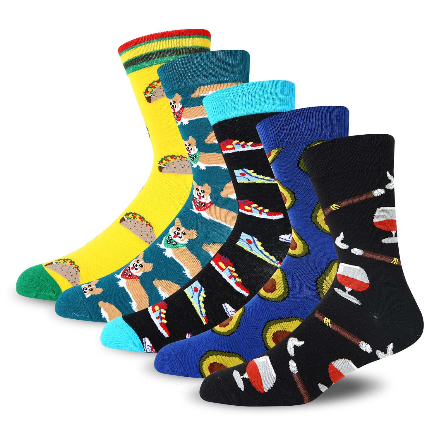 Funny Novelty Socks for Men - Colorful Crazy Dress Socks with Food, Animal & Argyle Patterns - Soft Cotton Crew Socks for Work, Parties & Gifts