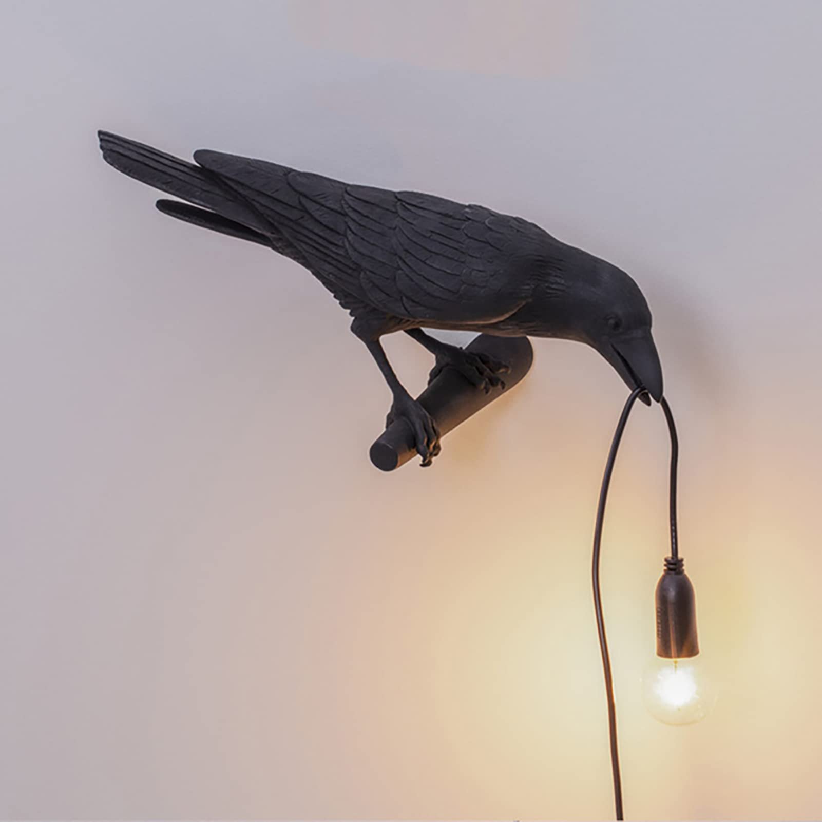 Pizga Raven Table Lamp - Realistic Resin Crow Desk Light, Art Deco Decor for Living Room & Office - Modern Black Left Raven Lamp for Home, Study, and Gothic Interior Design