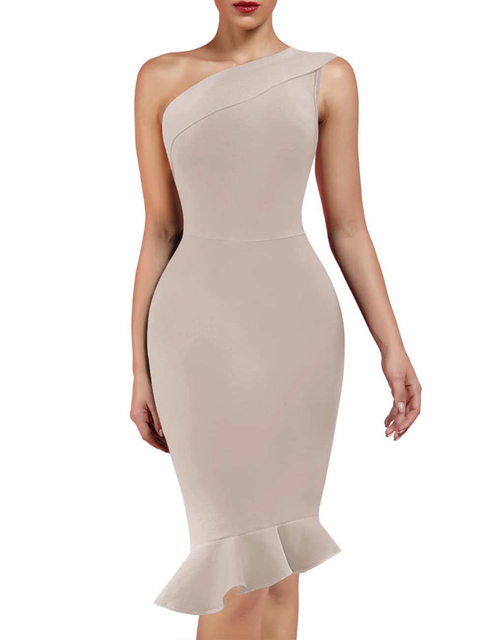 UONBOX Women's Sexy One Shoulder Sleeveless Bodycon Dress - Midi Mermaid Bandage Party Dress for Club, Night Out & Special Occasions