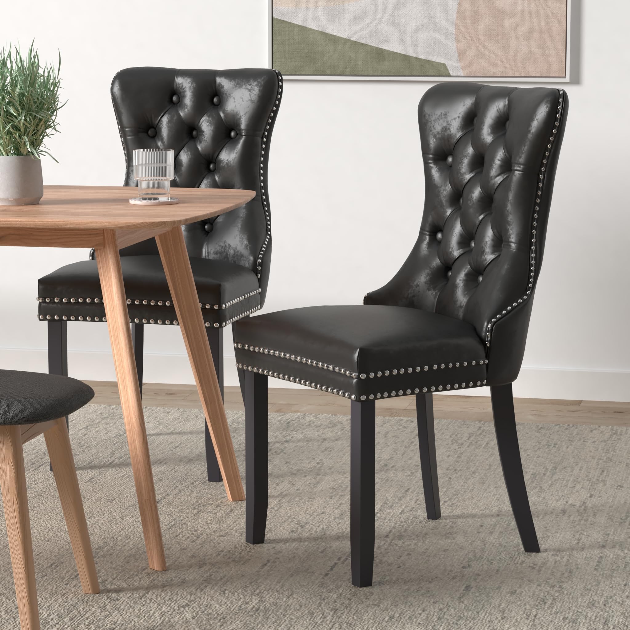 4 Pack Tufted Velvet Dining Chairs with Button Back & Nailhead Trim - Upholstered Kitchen, Bedroom & Restaurant Chairs (Black) - Perfect for Home Dining, Office Breakroom & Cafe Seating