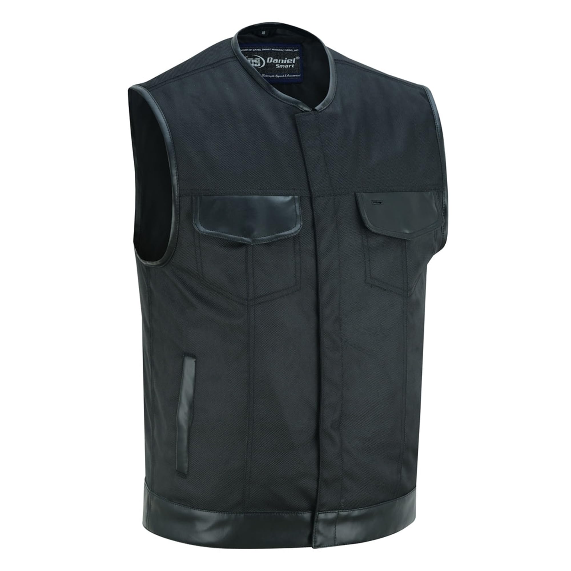 Daniel Smart Men’s Motorcycle Vest - Black Textile with Leather Trim, Concealed Armory Pocket | Stylish & Protective Riding Gear for Bikers & Outdoor Enthusiasts