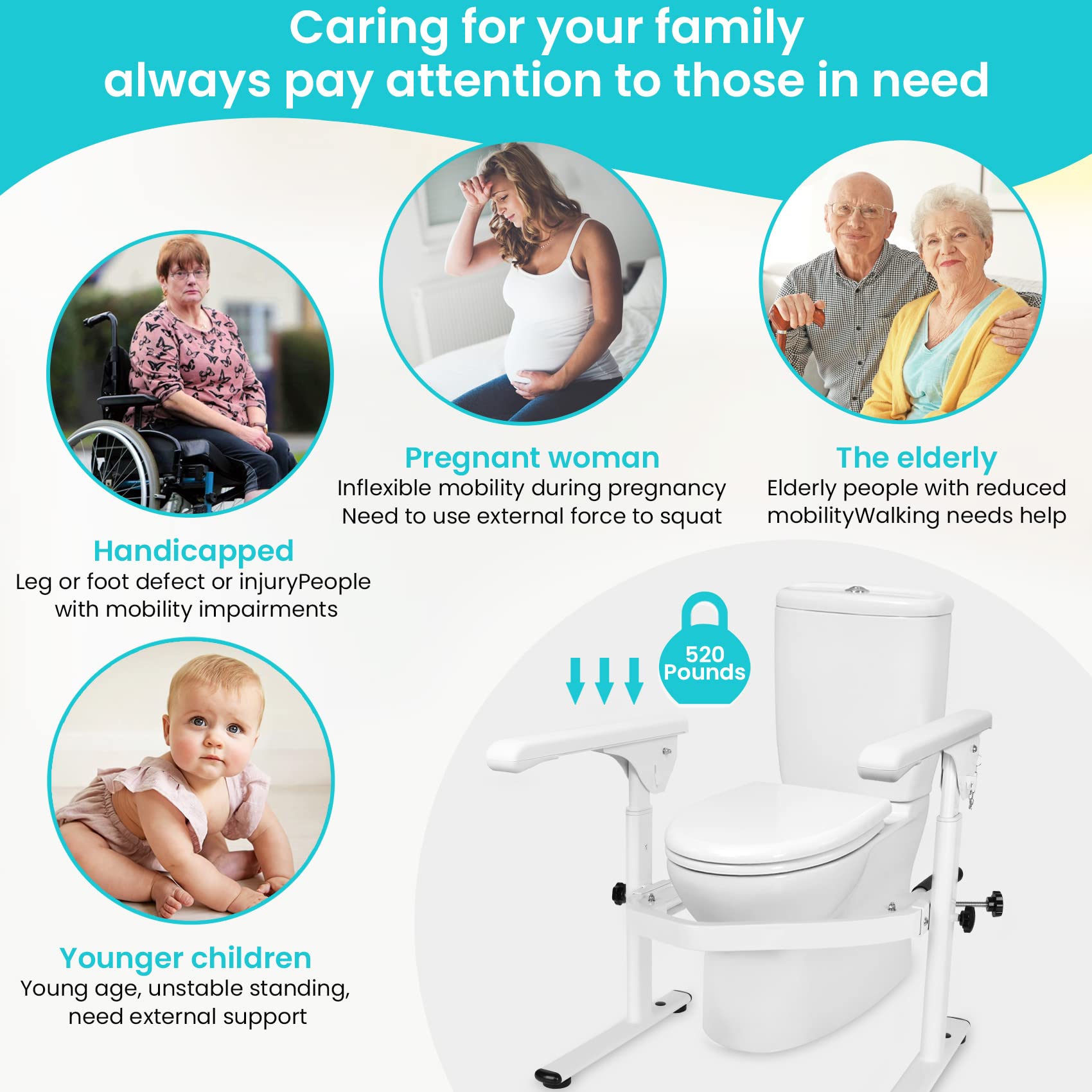 Adjustable Toilet Safety Rails for Elderly - Heavy Duty Free Standing Toilet Frame with Arms (520 lbs Capacity) | Ideal for Seniors & Handicap Bathroom Safety | Perfect Christmas Gift for Elderly Care