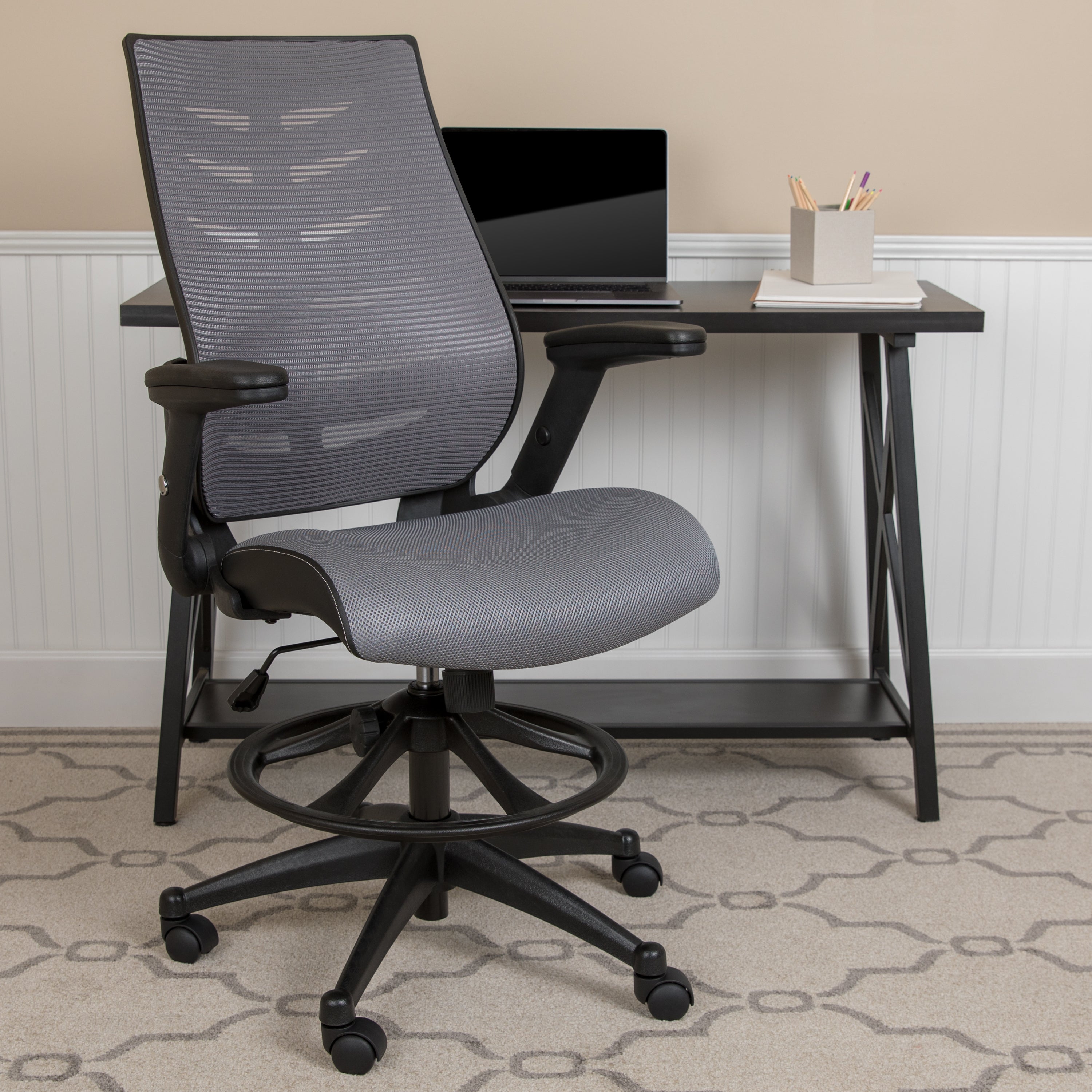 FLASH Kale High Back Ergonomic Drafting Chair - Adjustable Mesh Spine Support, Foot Ring & Flip-Up Arms - Perfect for Office, Gaming & Home Workspaces