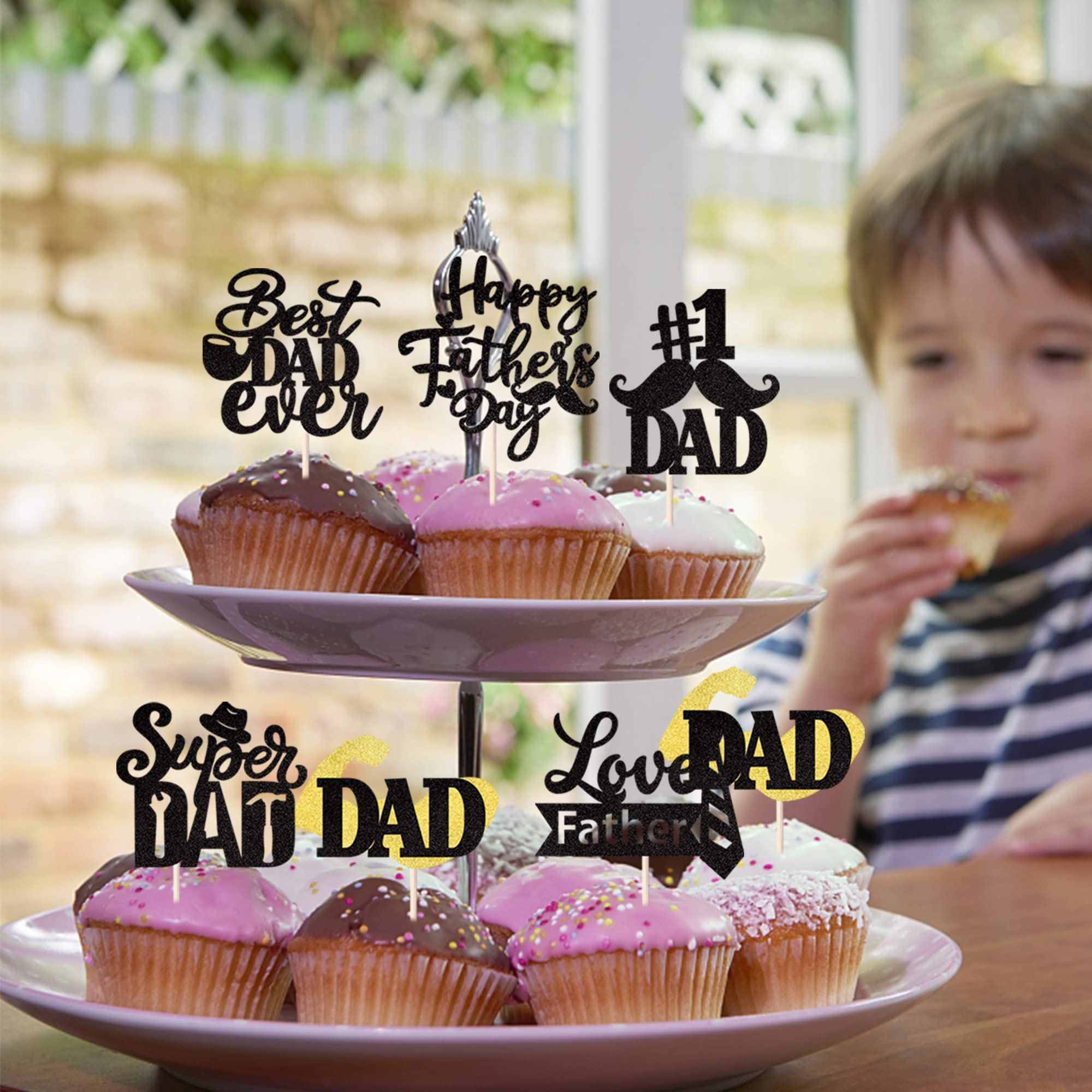 24 Pack Happy Father's Day Cupcake Toppers - Glitter #1 Dad Ever Cake Decorations with Tie, Mustache, Hat & Glass Picks - Perfect for Father's Day Parties, Men's Birthday Celebrations & DIY Cake Decorating