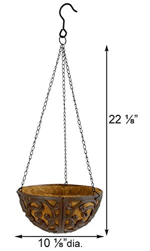 Esschert Design 10-Inch Cast Iron Hanging Baskets with Liners - Set of 4 - Rustic Outdoor Garden Planters for Flowers, Herbs, and Succulents - Perfect for Patio, Porch, and Balcony Decor