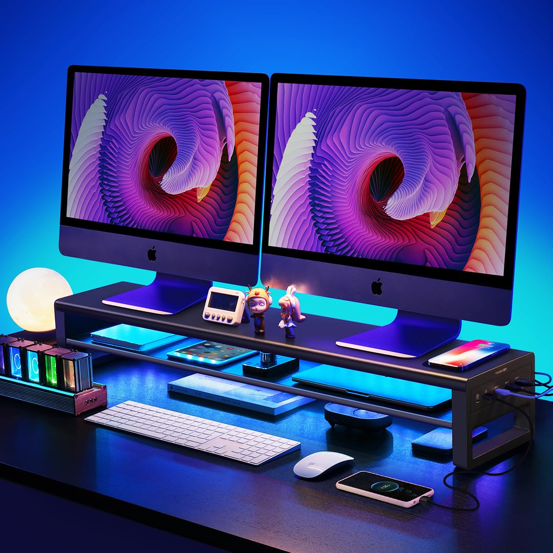 Vaydeer 2-Tier Dual Monitor Stand with Wireless Charging & USB 3.0 Hub - Aluminum Monitor Riser for PC, Laptop, TV - Space Saving Desk Organizer for Home & Office Workspace