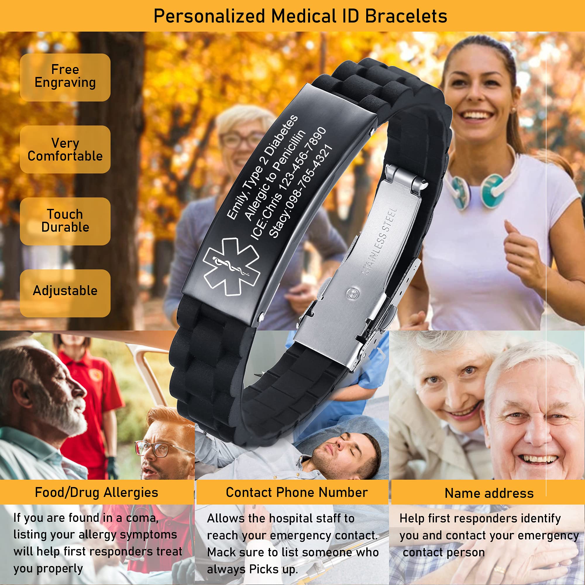 VNOX Adjustable Stainless Steel Medical Alert Bracelet for Men, Women & Kids - Free Engraving Emergency ID Wristband | Perfect for Diabetes, Allergies & Medical Conditions
