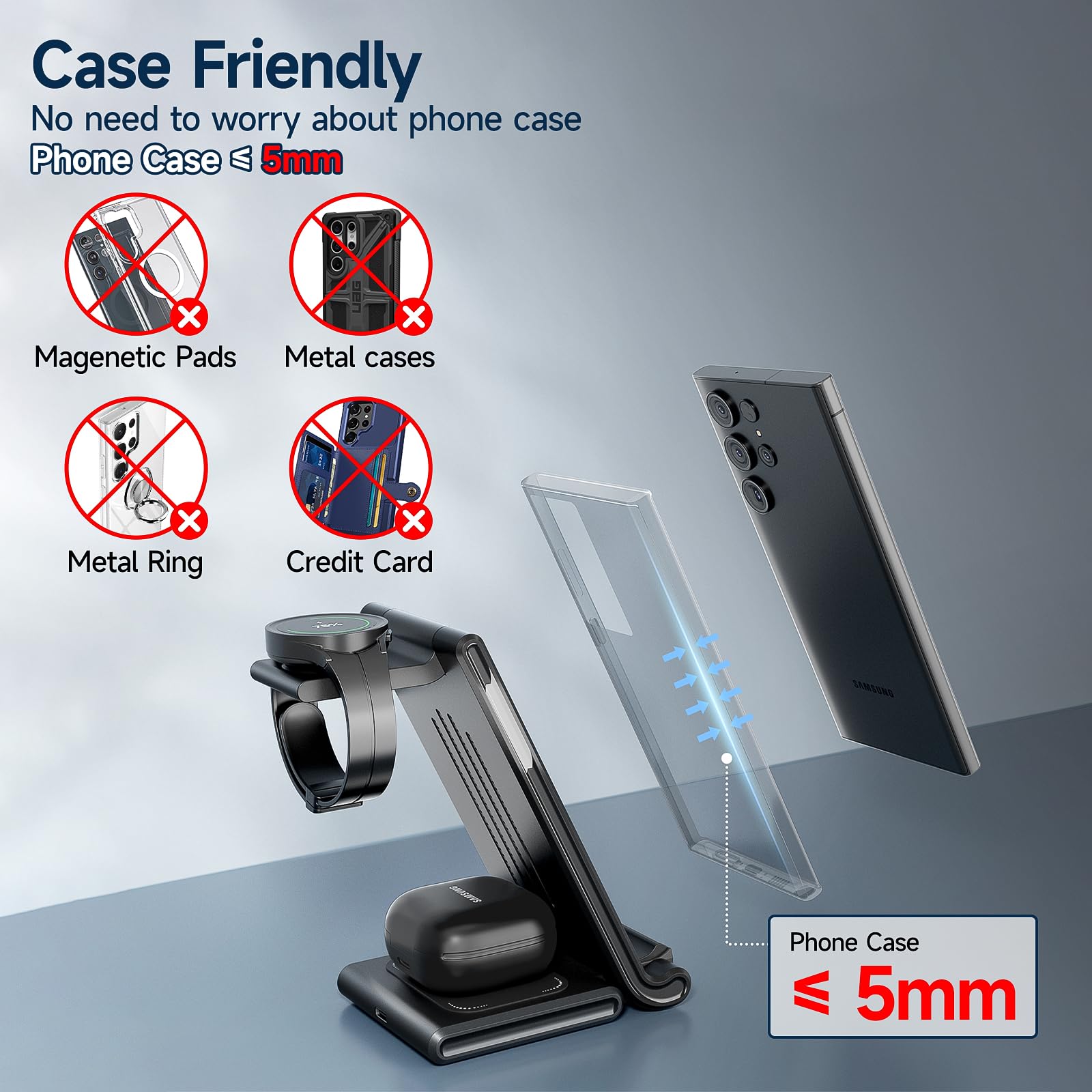 MANKIW Foldable 3-in-1 Wireless Charging Station for Samsung Galaxy S24/S23/S22/S20 Ultra, Z Flip/Fold 5/4/3, Watch 6/5/4/3 & Buds - Fast Qi Charger for Home, Office & Travel