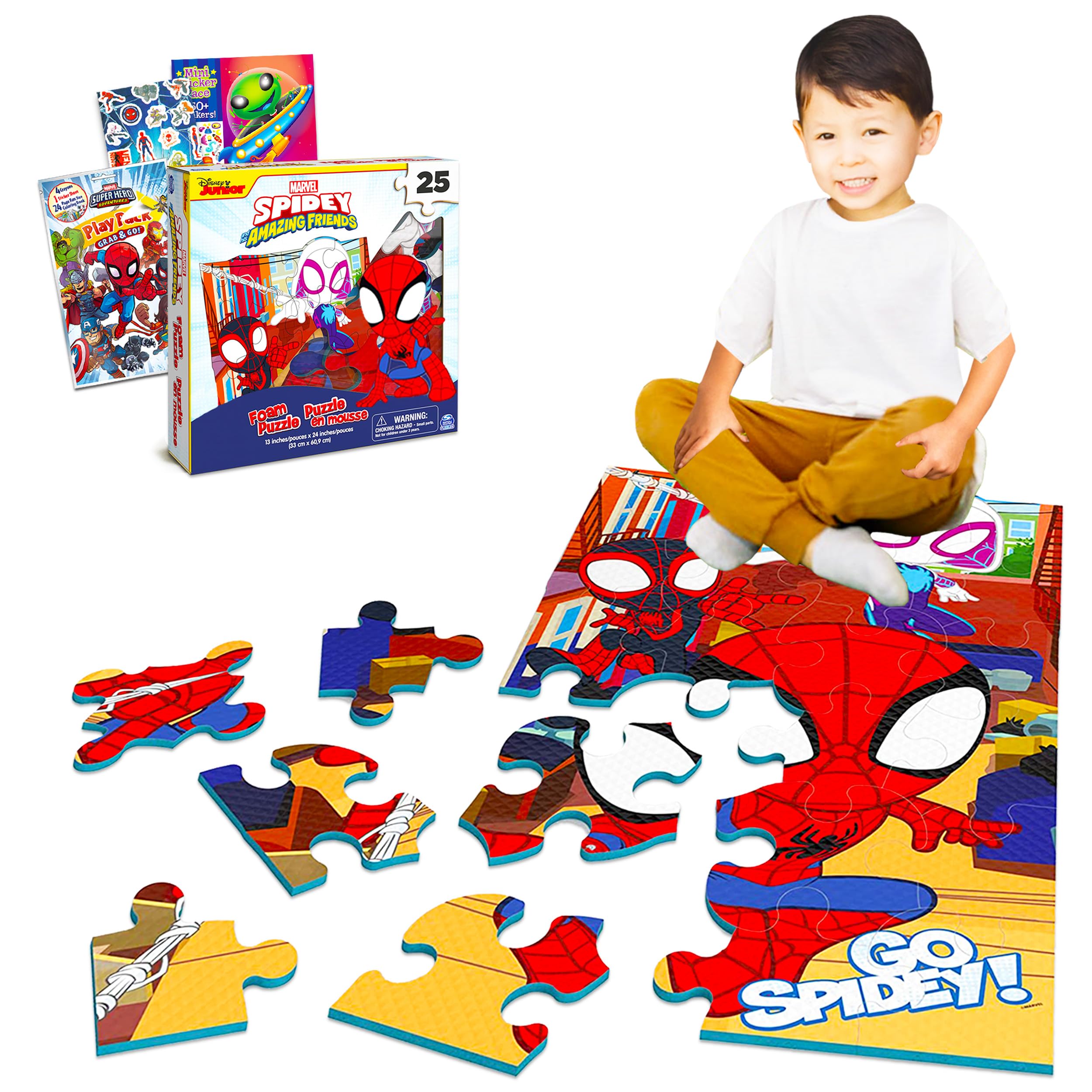 Disney Marvel Spiderman Puzzle Set - 25 Piece Superhero Foam Puzzle with Stickers & Coloring Book | Fun Educational Toy for Kids Birthday Gifts & Family Game Night Activities